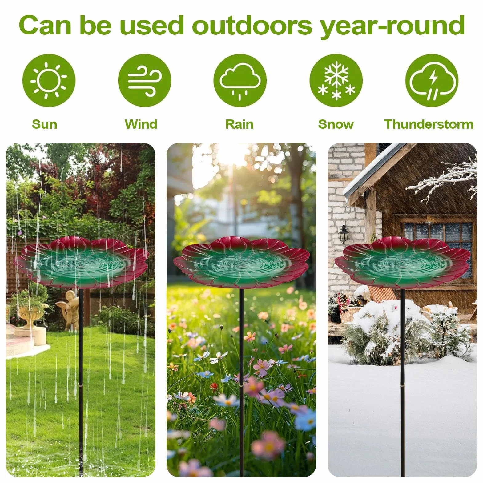 Baño para pájaros de metal para exteriores, independiente con base de 3 dientes, bebedero decorativo para pájaros, para jardín, bebedero de metal para terraza, césped, estanque