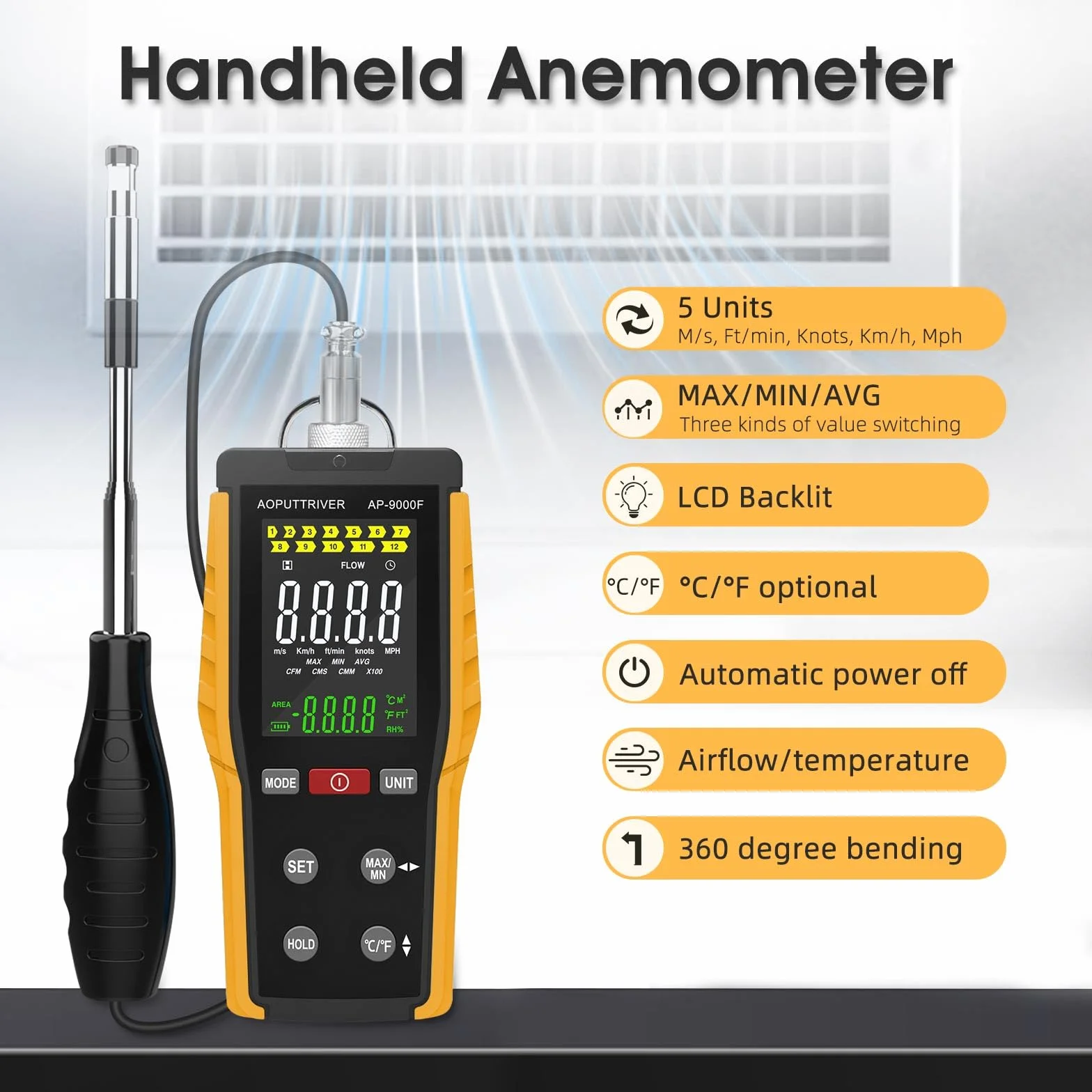 Anemómetro Portátil, Medidor de Viento HVAC Anemómetro 0,1-30 m/s CFM/CMM