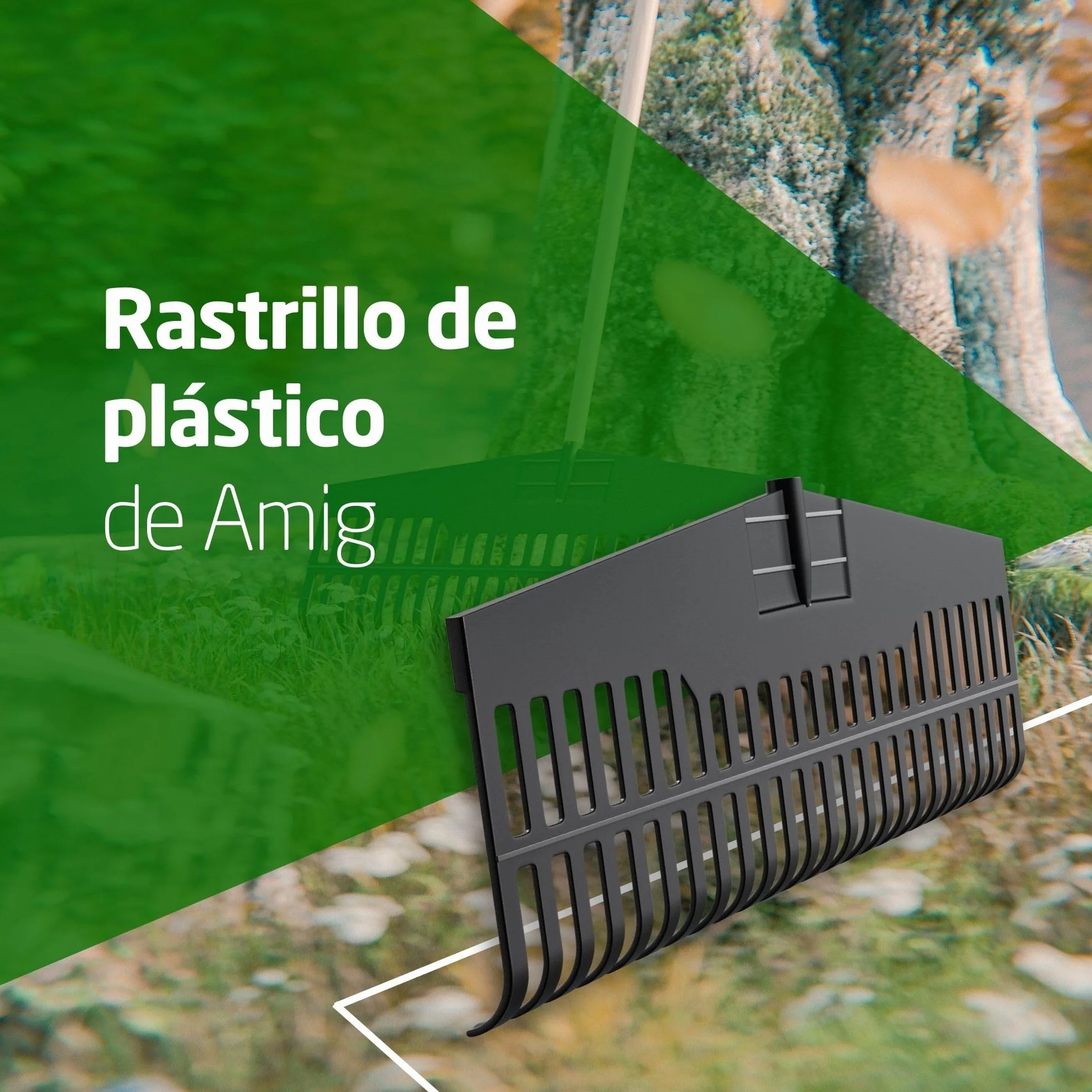 Amig - Rastrillo de Plástico Resistente - Herramienta Ligera para Barrer Hojas y Césped - Recogedor para Jardín y Campo - Púas Flexibles - para Mango Universal de 22mm