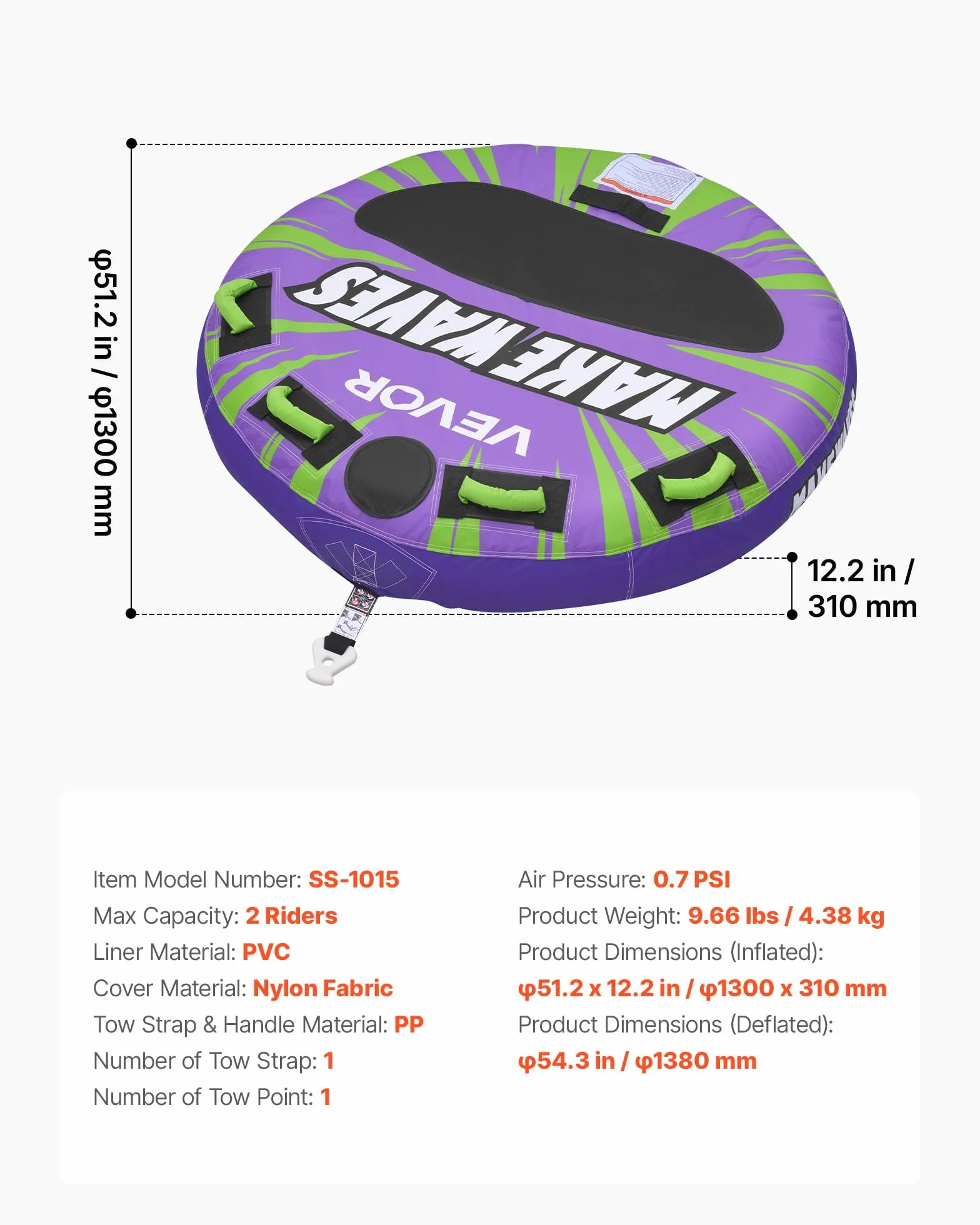 VEVOR Flotador de Arrastre Inflable 130 cm, Deportes Acuáticos, 2 Personas, 154 kg, Almohadilla Antideslizante, Morado