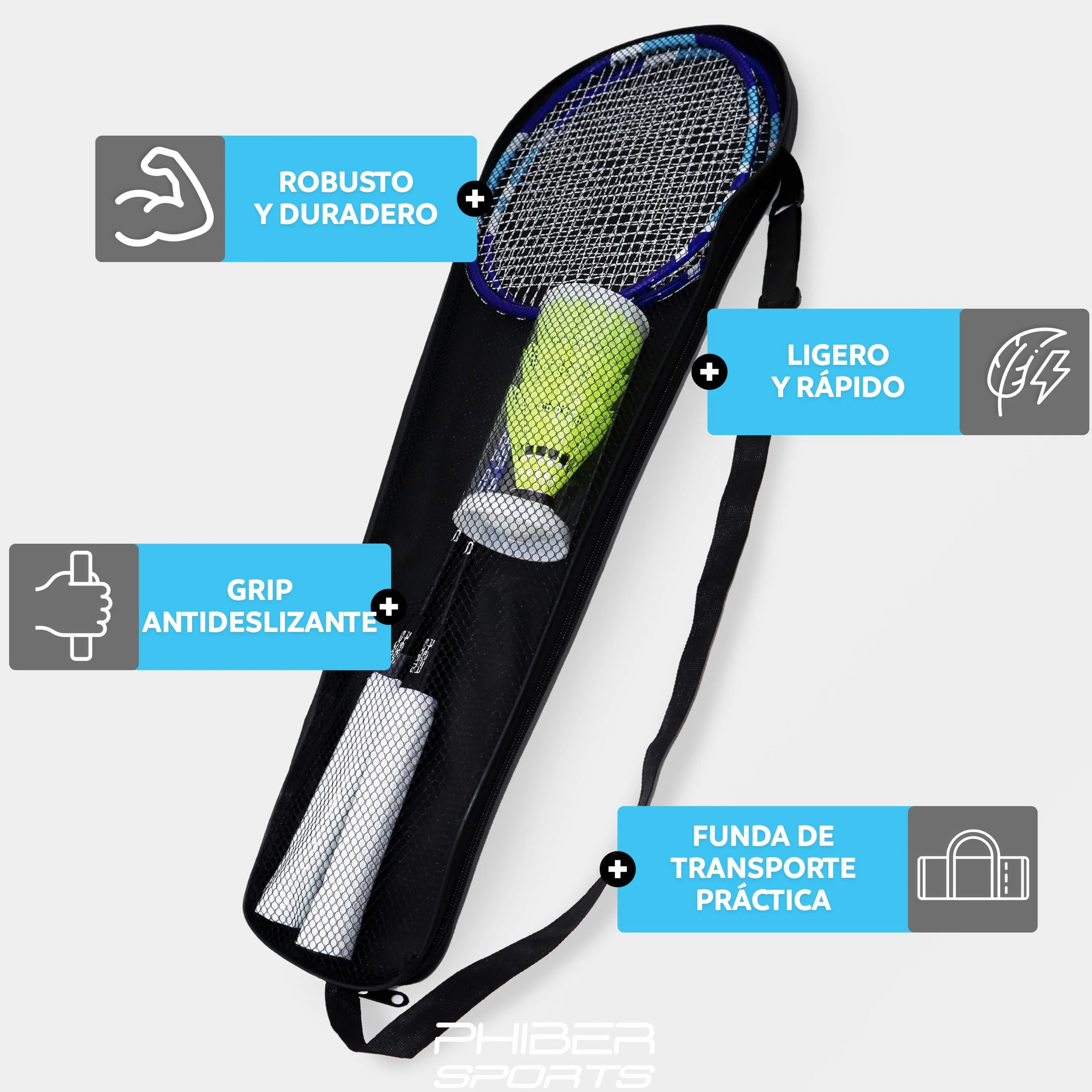 PHIBER-SPORTS Juego de raquetas de bádminton 2 raquetas 3 volantes bolsa para jardín parque