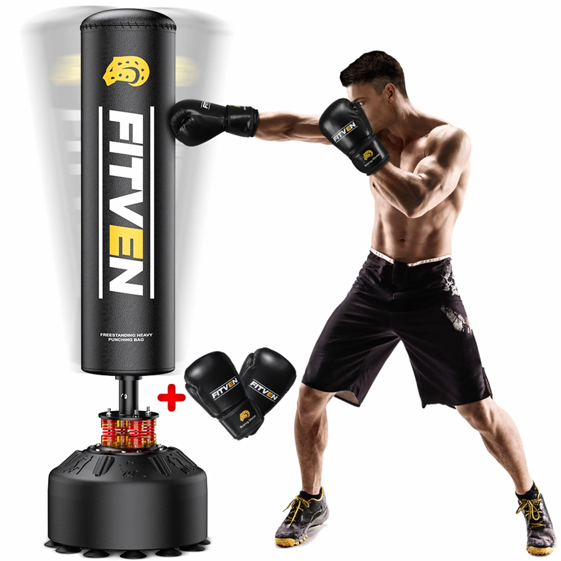 FITVEN Saco de boxeo independiente con guantes, pesado con base de ventosa para adulto y niño, bolsa de kickboxing para hombre