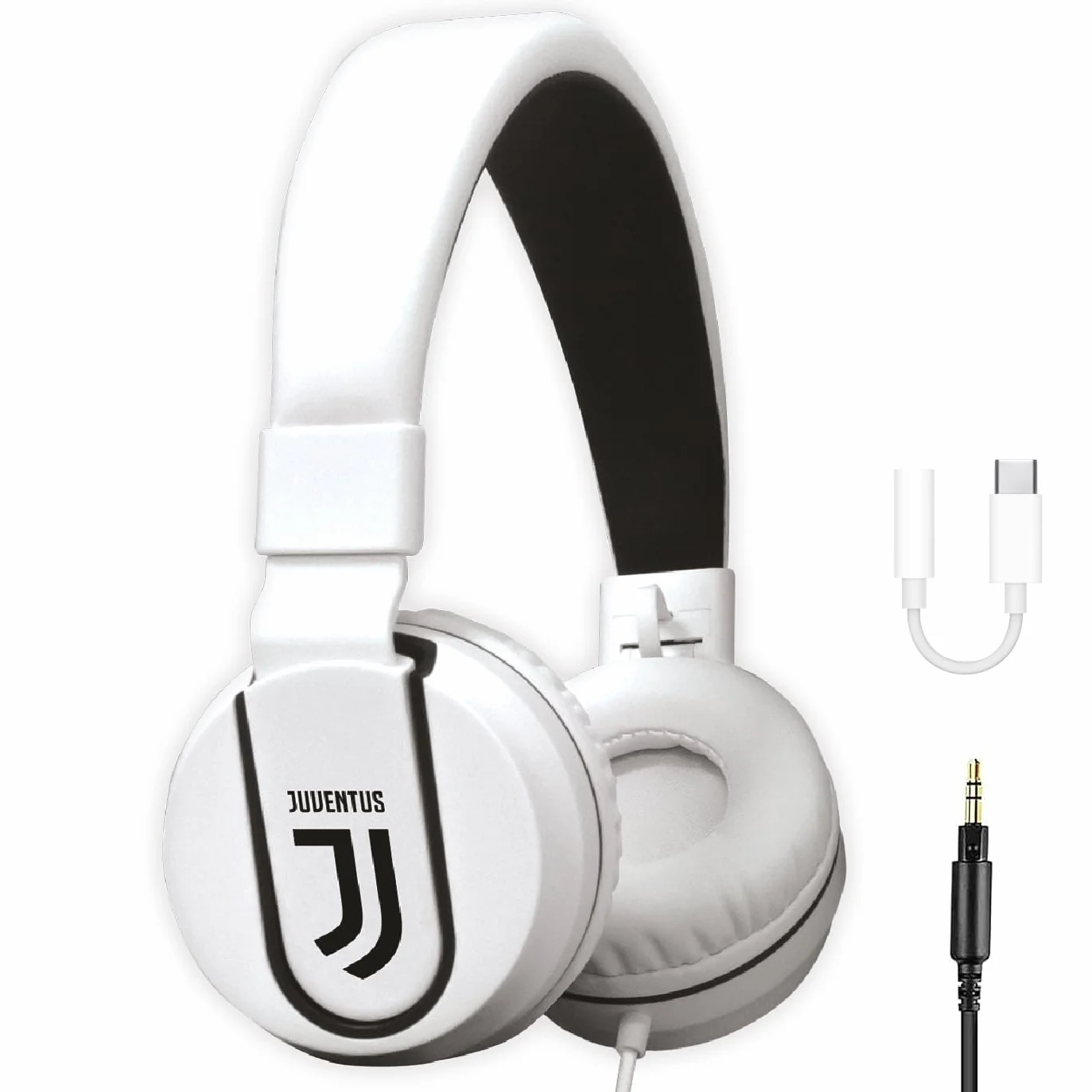 TECHMADE Juventus Football Auriculares On-Ear con Cable AUX Blanco/Negro Adaptador USB C