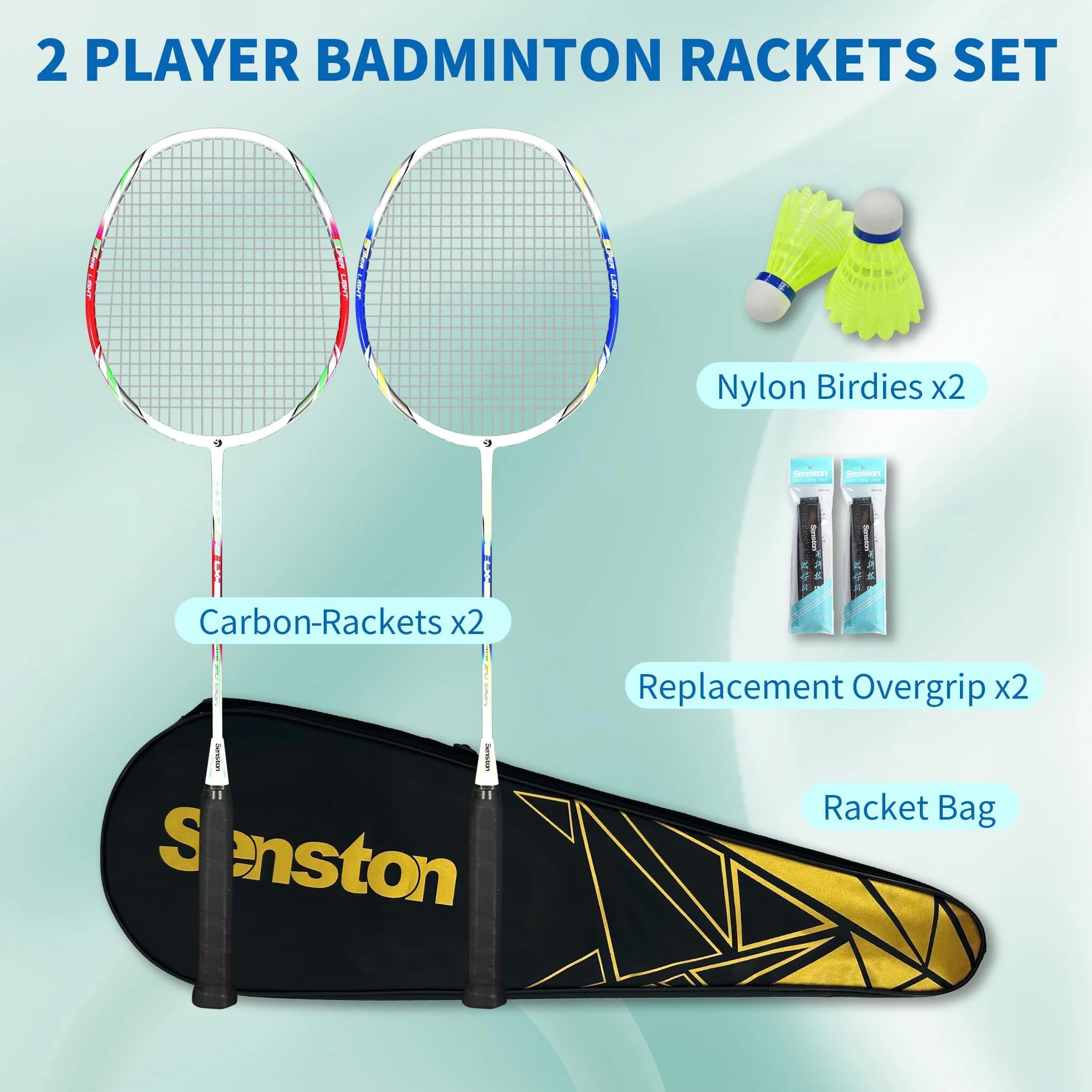 Senston Raquetas de Bádminton Adulto Unisex - Incluye Bolsa, 2 Raquetas, 2 Volantes, 2 Sobregrip