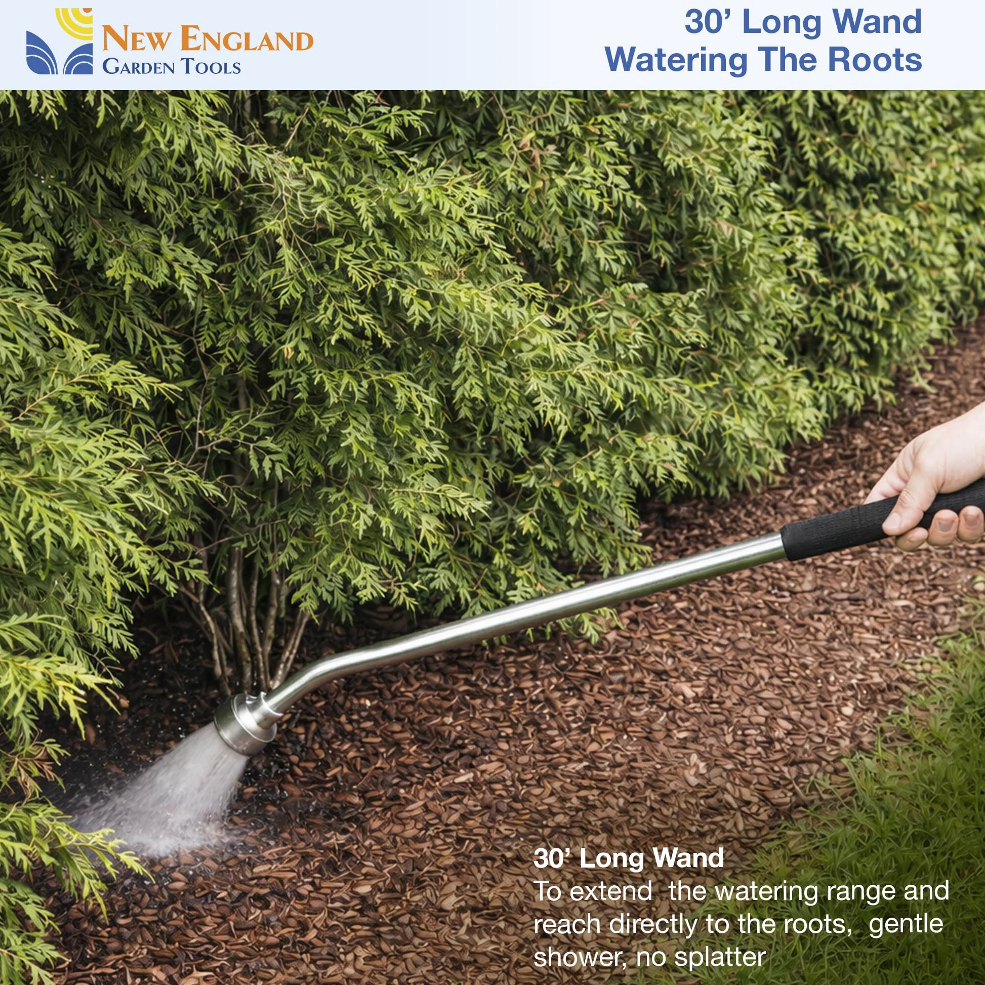 Varita de manguera de agua de metal de 30 pulgadas con spray suave 600003 con agarre cómodo y válvula de cierre de New England Garden Tools para limpieza, riego de plantas y patios, lavado de coches y
