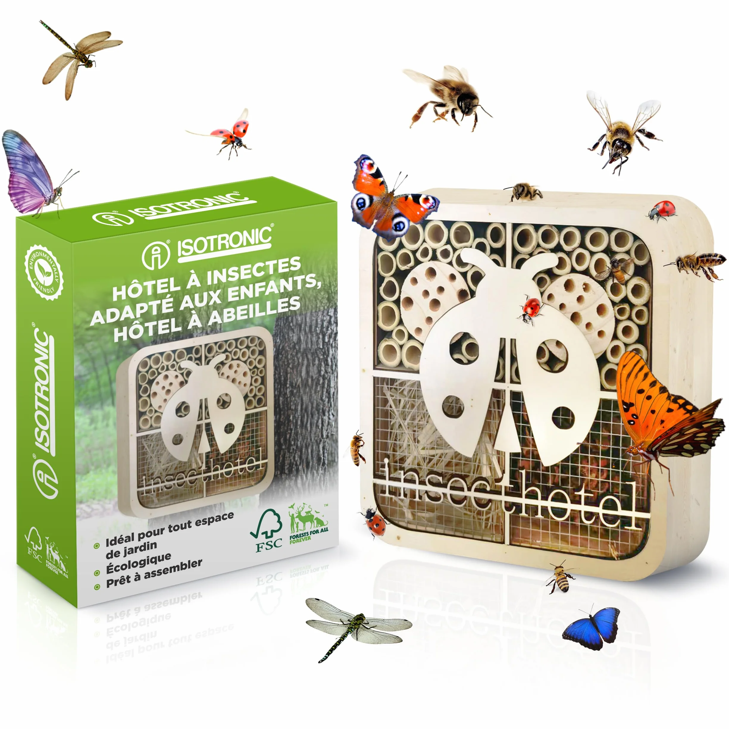 ISOTRONIC Hotel para Insectos de Madera Natural – Casa para Abejas, Mariquitas y Otros Insectos – Hotel de bambú para Abejas, Ideal para jardín y balcón – Diseño Moderno de Panal (Mariquita)