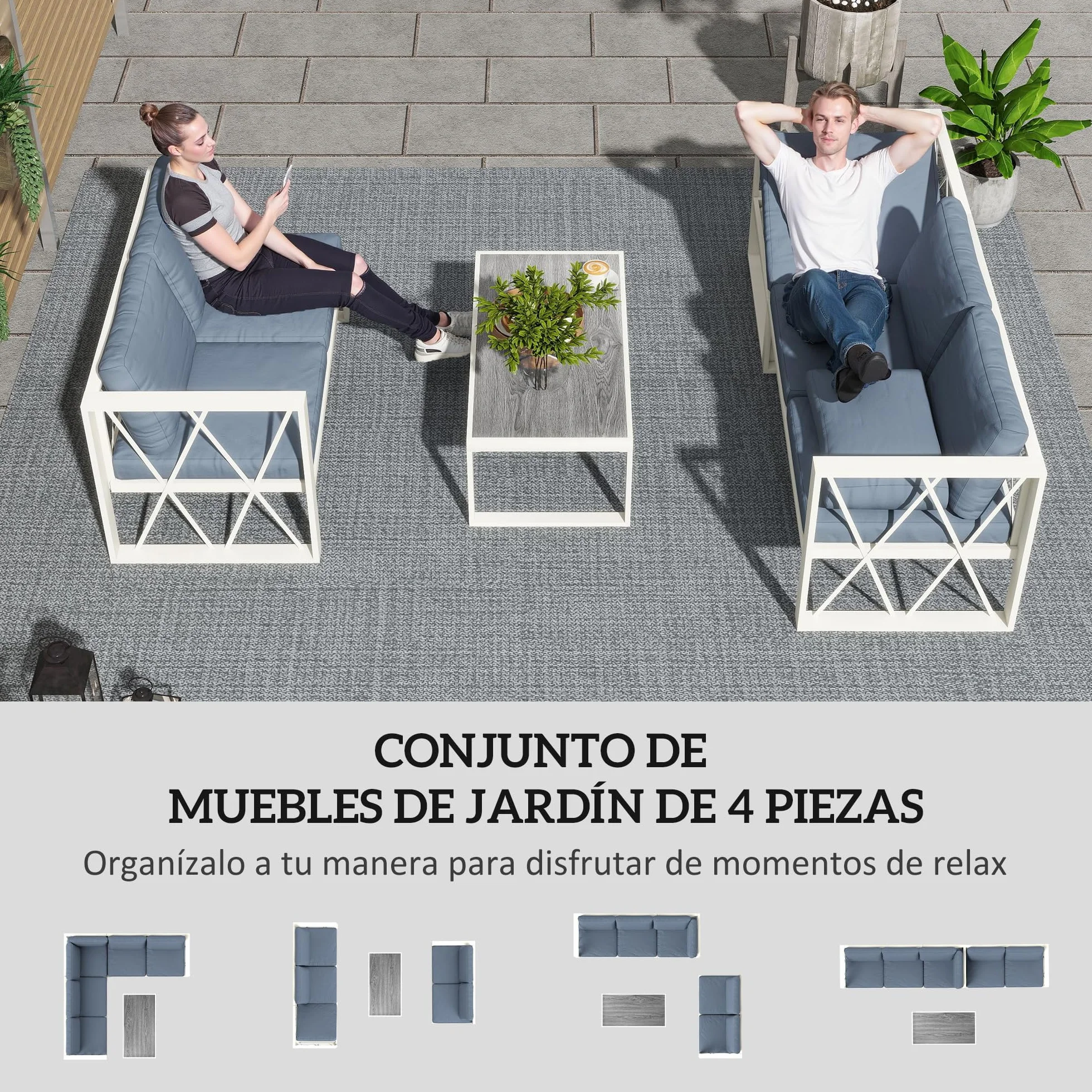 Outsunny Conjunto de Muebles Jardín Exterior de 4 Piezas Sofá Exterior Seccional Forma de L con 2 Sofás de 2 Plazas Sofá de Esquina con Asiento Ajustable y Mesa Centro de DPC con Cojines Beige y Gris