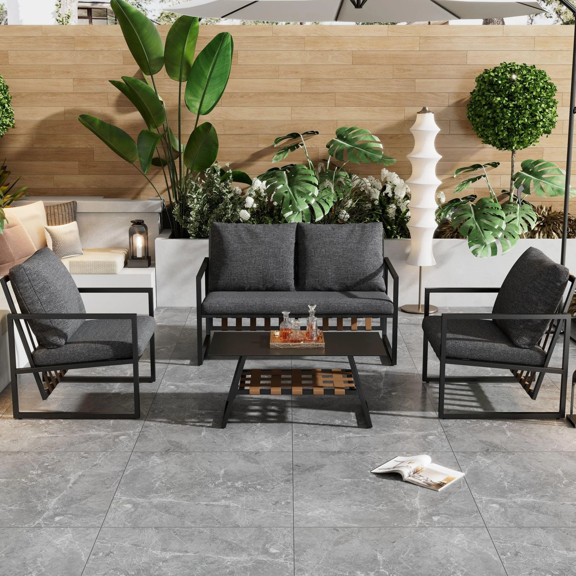 Moimhear Juego de sofá de 4 piezas para exteriores, mesa de café con capa de almacenamiento, tubo de acero galvanizado, diseño de correa de PVC, mesa de cristal templado, cojines extraíbles y lavables