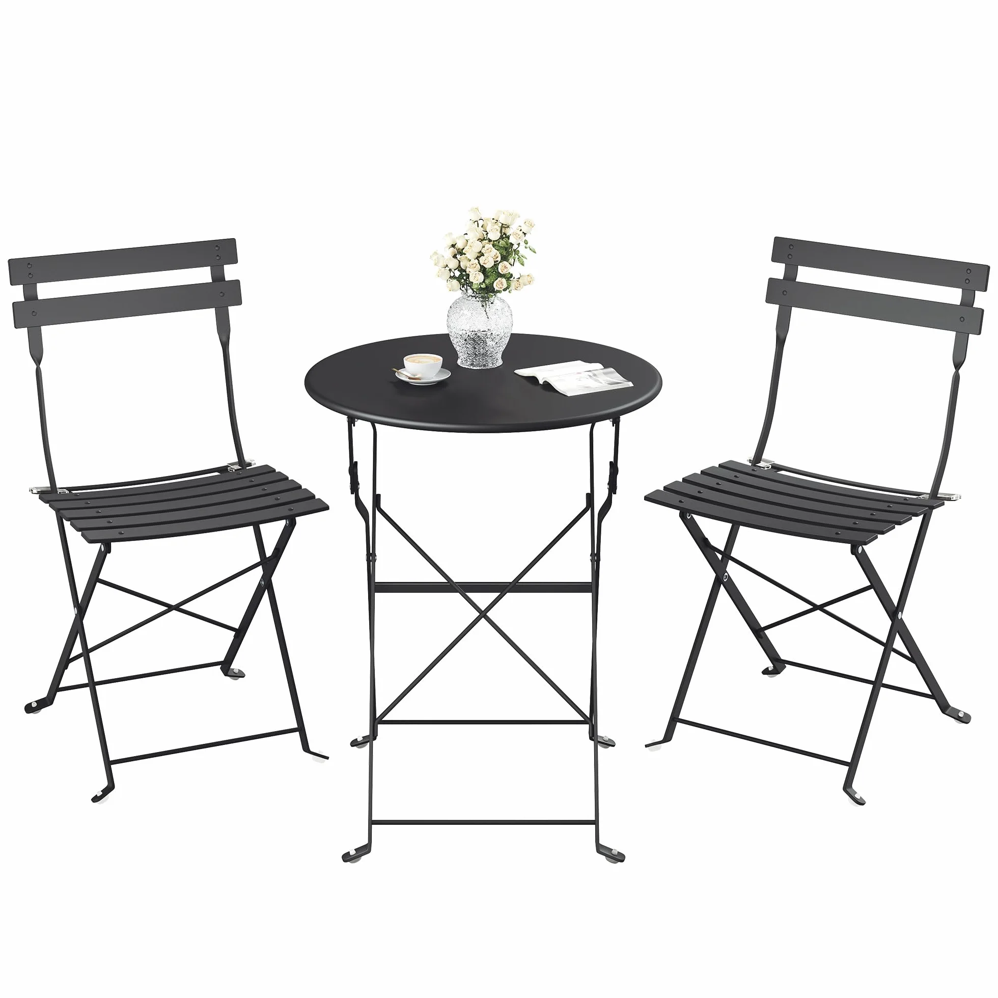 SONGMICS Juego de Jardín de Exterior, 3 Piezas, 2 Sillas y 1 Mesa, Plegable, Salón de Exterior, Acero, Resistente a la Intemperie, para Balcón, Terraza, Negro Tinta GGF036BZ01