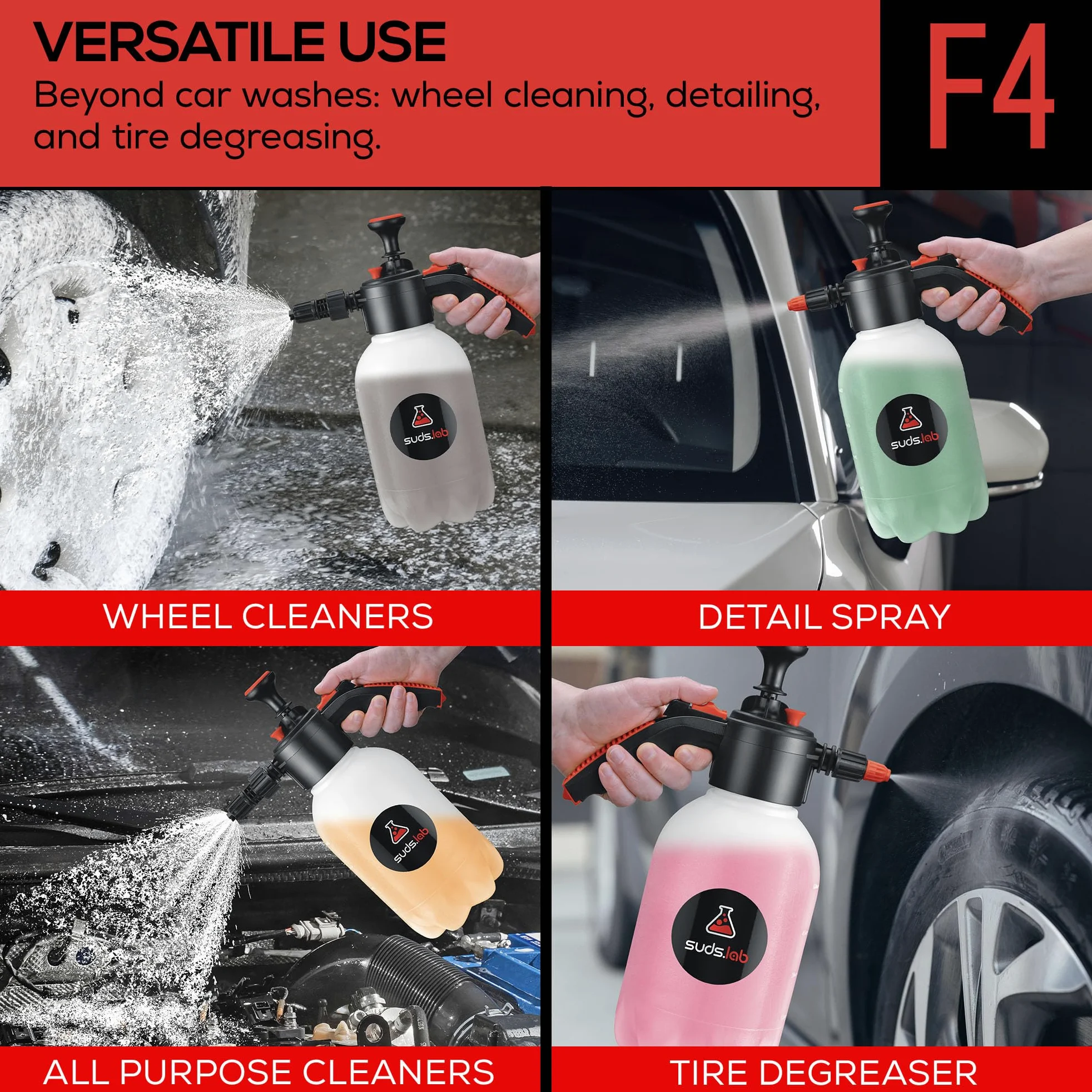 Suds Lab F4 - Pulverizador de bomba de espuma, para el hogar, el jardín y el coche (botella de 70 onzas)