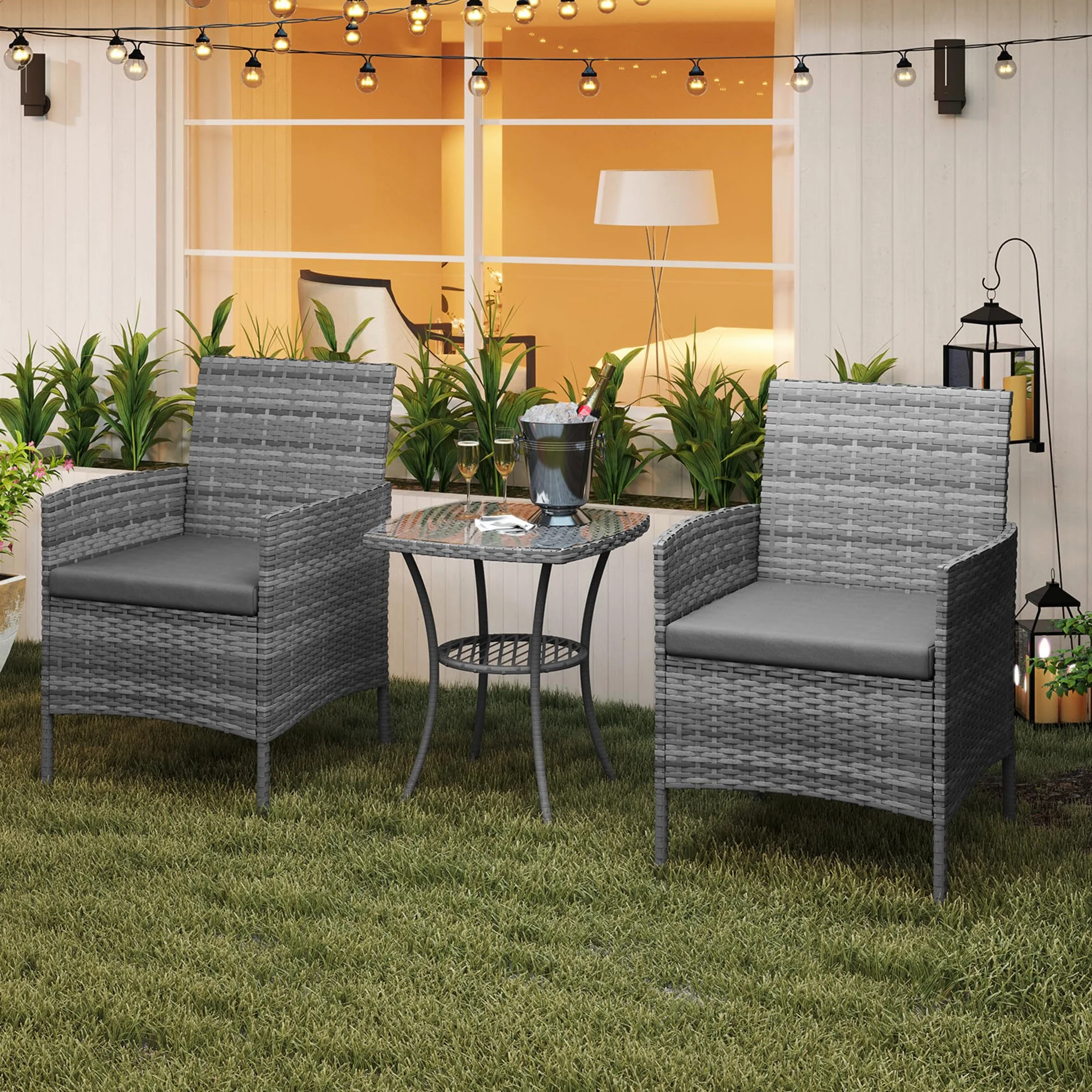 Amopatio Conjunto Muebles Jardín Ratán 3 Piezas, 2 Sillones con Cojines y Mesa de Centro, Sofá Exterior Terraza con Vidrio Templado, para Terraza, Patio y Balcón Colores: Gris