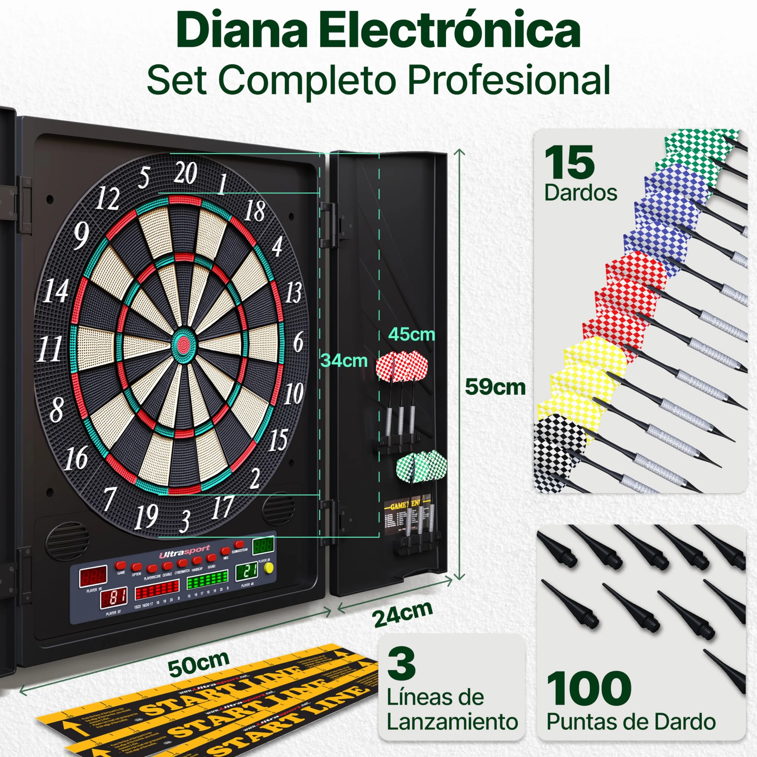 Ultrasport Diana eléctrica máquina de Dardos para 16 Jugadores, 12 Dardos y 100 Puntas Blandas