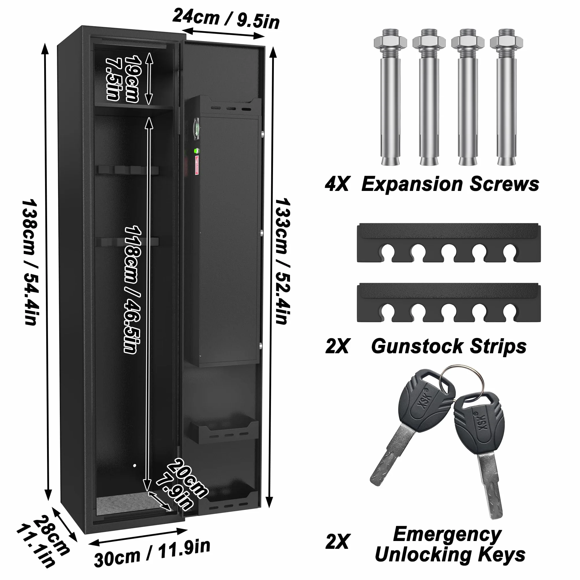 Armario para armas NAIZY 30x28x138 cm cerradura combinación pantalla táctil huellas dactilares llave para 3-5 armas largas