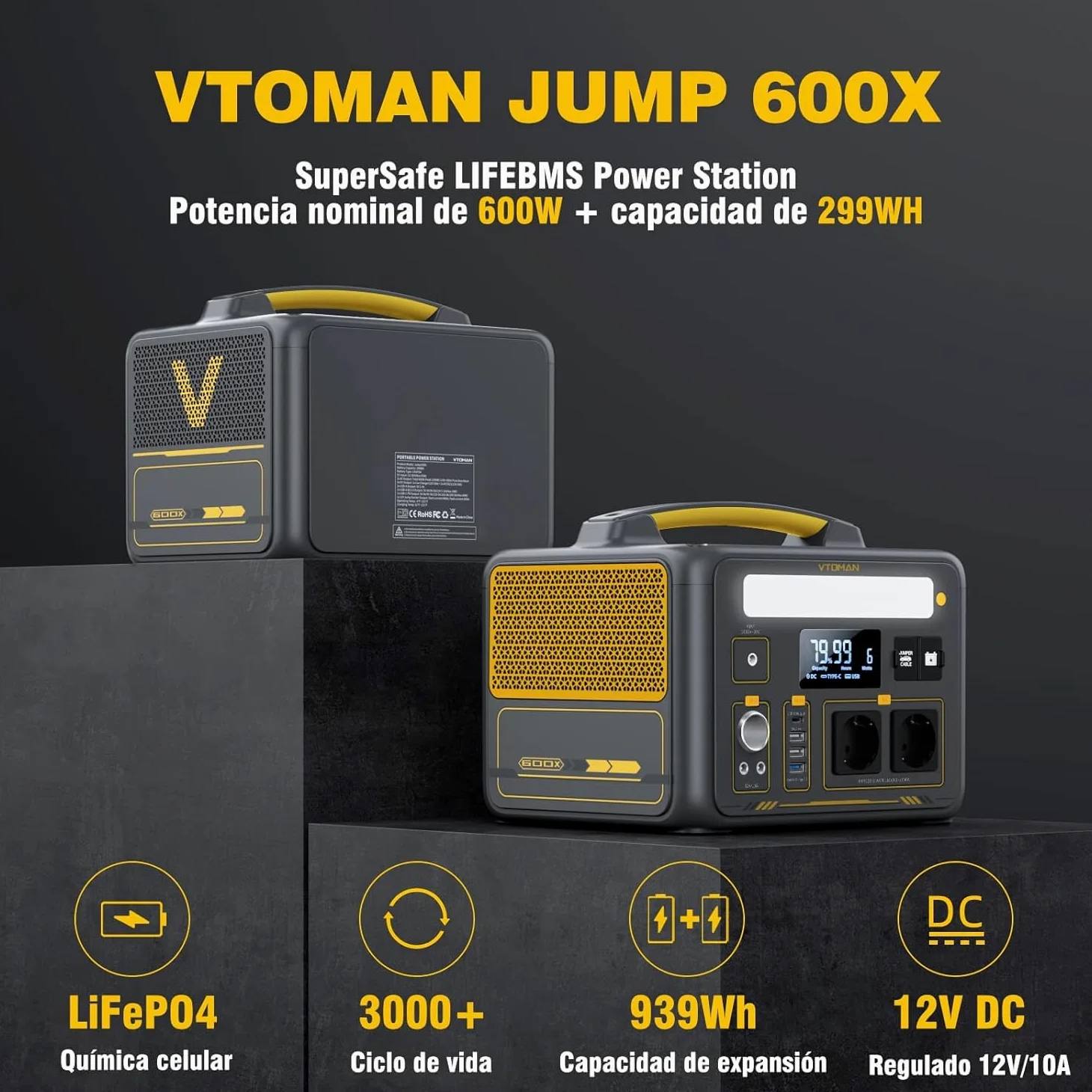 VTOMAN Jump 600X 299Wh Generador Solar, 600W Salida de CA para Apagones | LiFePO4 Batería, Arranque de Coche, Potencia Pico 1200W, LED Linterna, Capacidad Ampliable a 939Wh, Acampadas, Jardín y RV