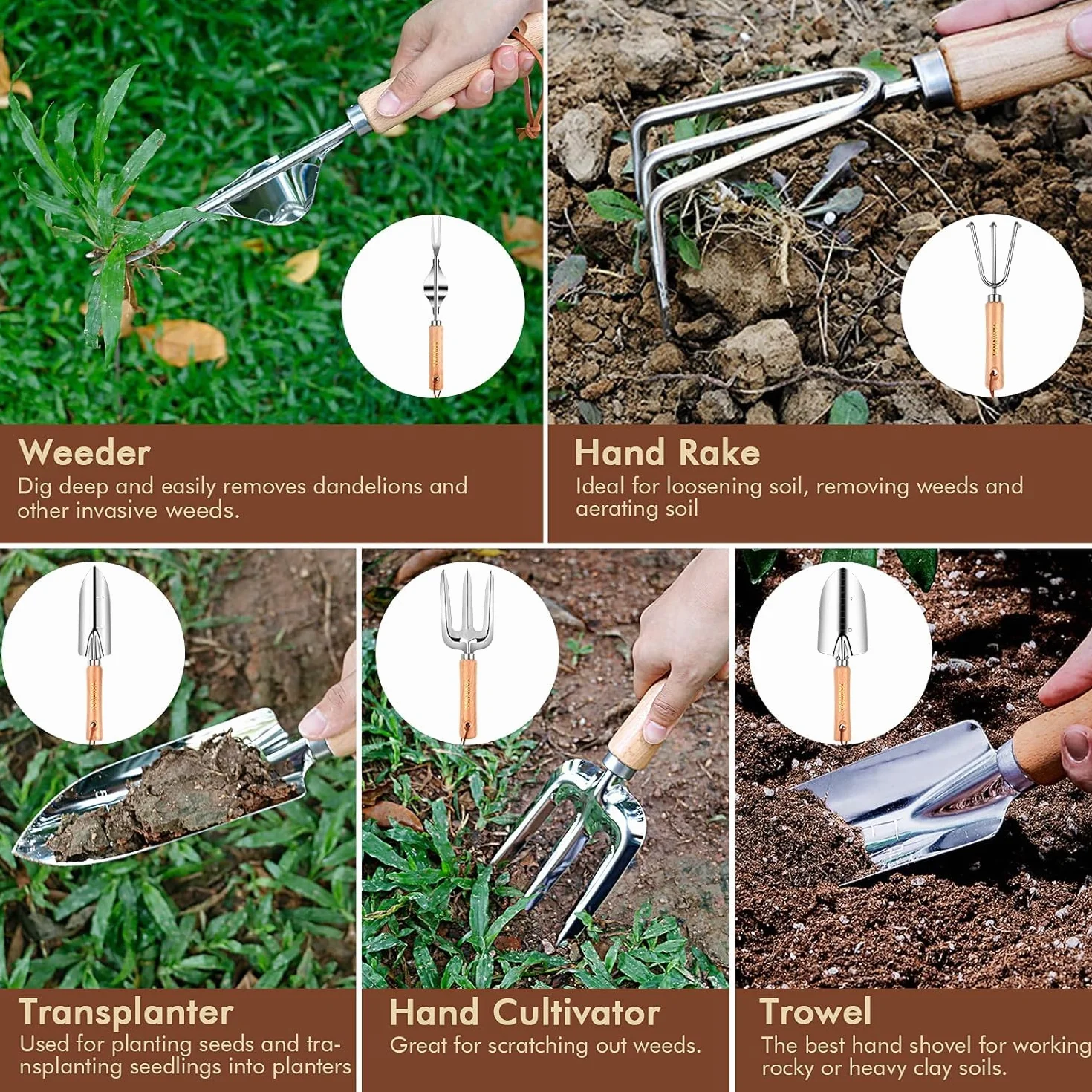 YAUNGEL Juego de Herramientas de jardinería, 10 Piezas de Acero Inoxidable de Uso Pesado con Mango de Madera Antideslizante - Regalos para Mujeres y Hombres, Verde