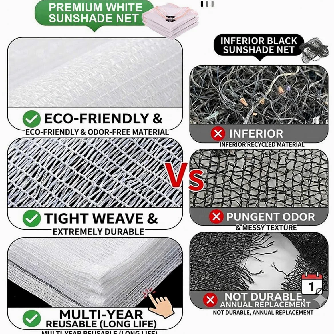 Premium Garden - Red de protección UV al 55 % con ojales, versátil para plantas y pollos, lona de malla blanca para invernadero, 3 x 3 pies a 30 x 40 pies (6 x 60 pies)