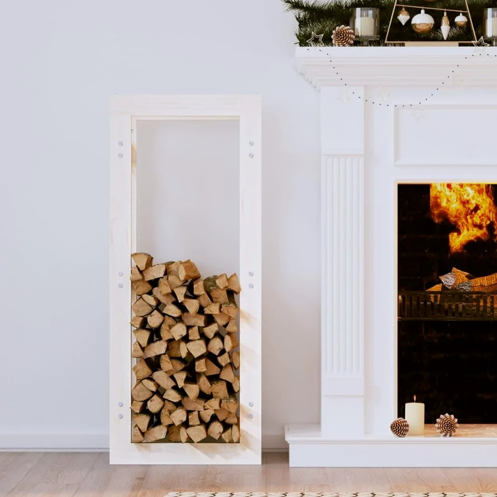 Estantería para leña blanca de madera maciza de pino, 41 x 25 x 100 cm, soporte de madera estable para almacenamiento de leña en interiores y exteriores, práctica estantería de madera para