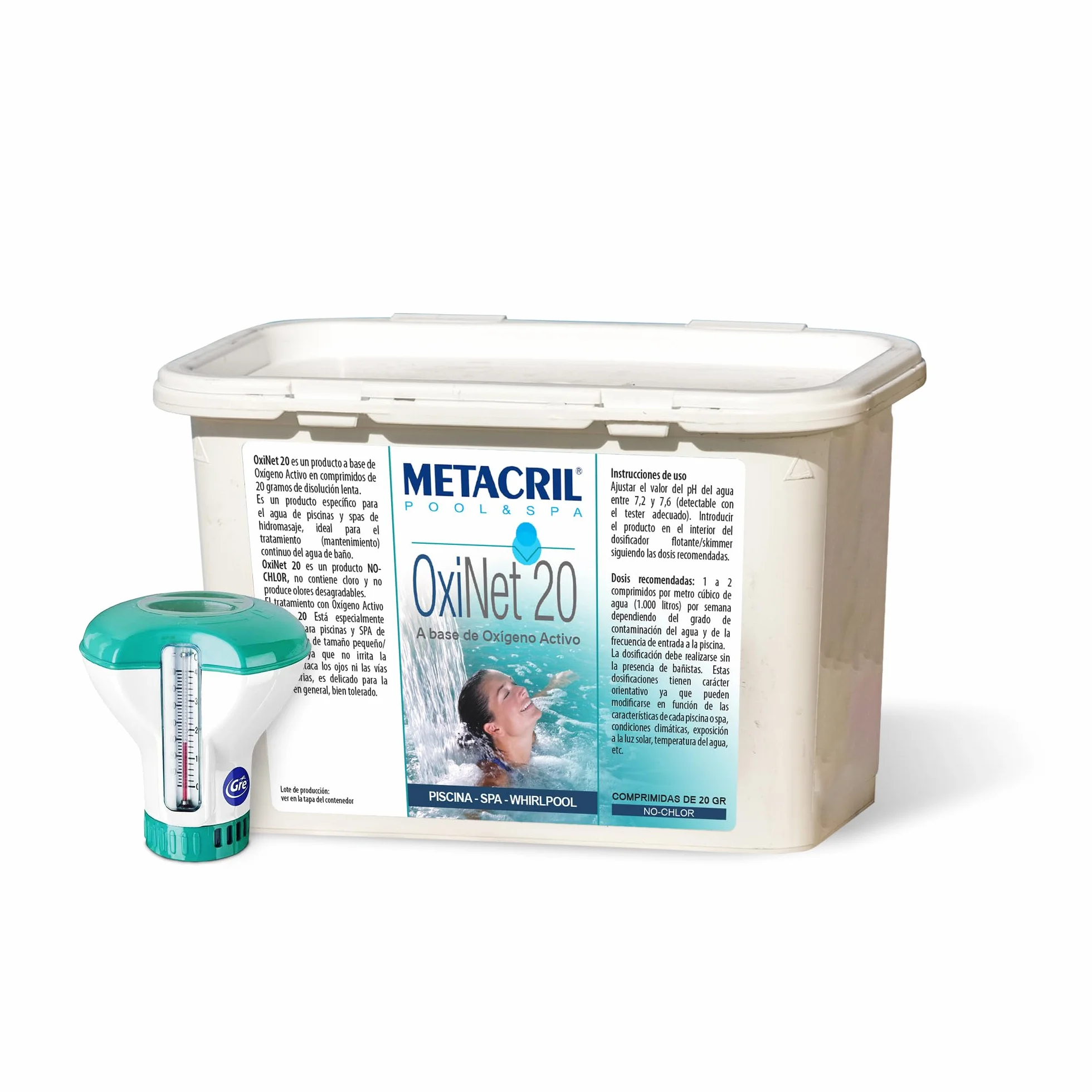 Metacril - Oxígeno activo OxiNet 20 – Pastillas de 20 g – Paquete de 1,2 kg + dosificador flotante con termómetro