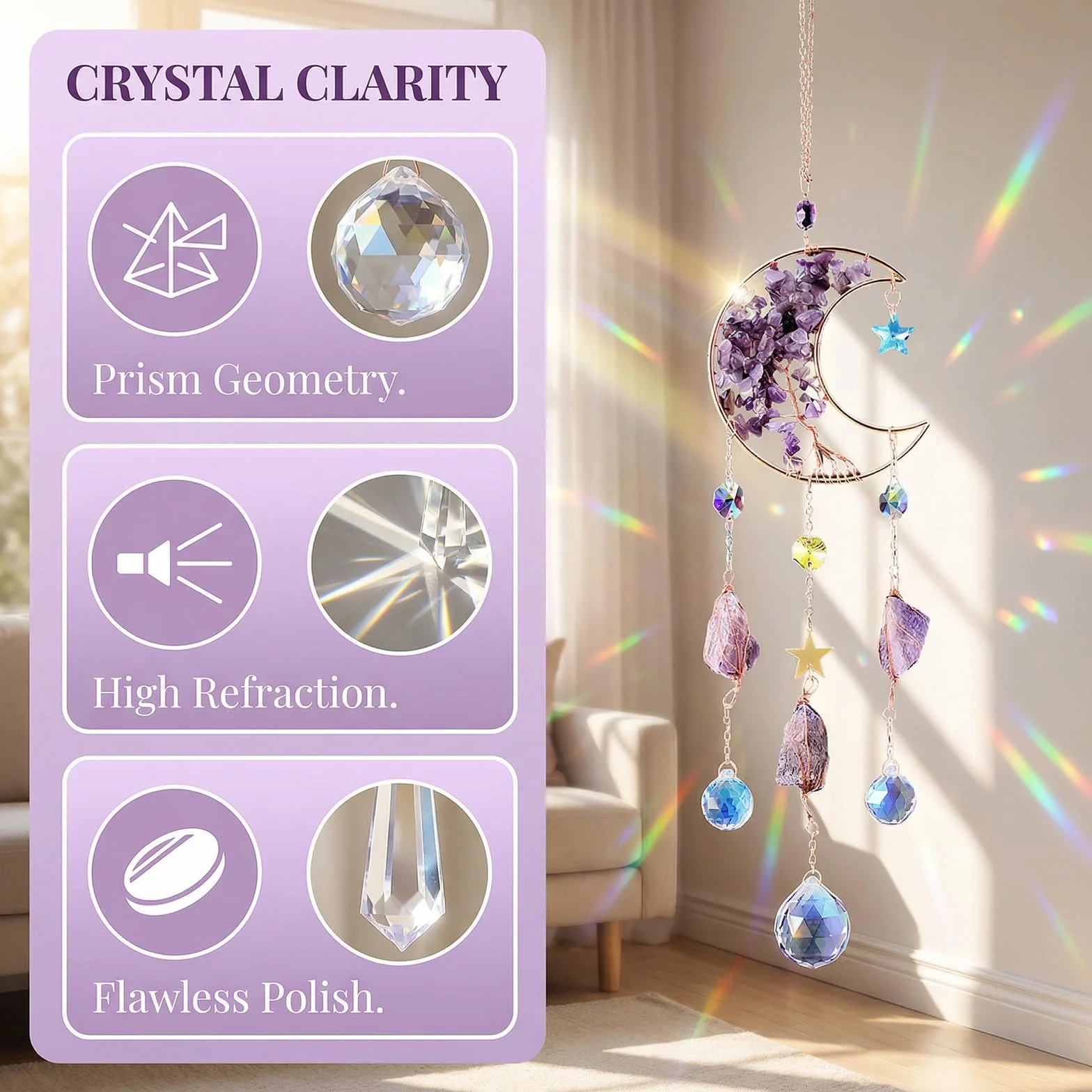 Atrapasoles Cristal Colgante 40cm, Luna y Estrella, Bola de Cristal, Cristales para Colgar, Campana de Viento para Casa Jardín Oficina Ventanas Campanas Coche Fiesta Boda Decoración, Regalos Mujeres
