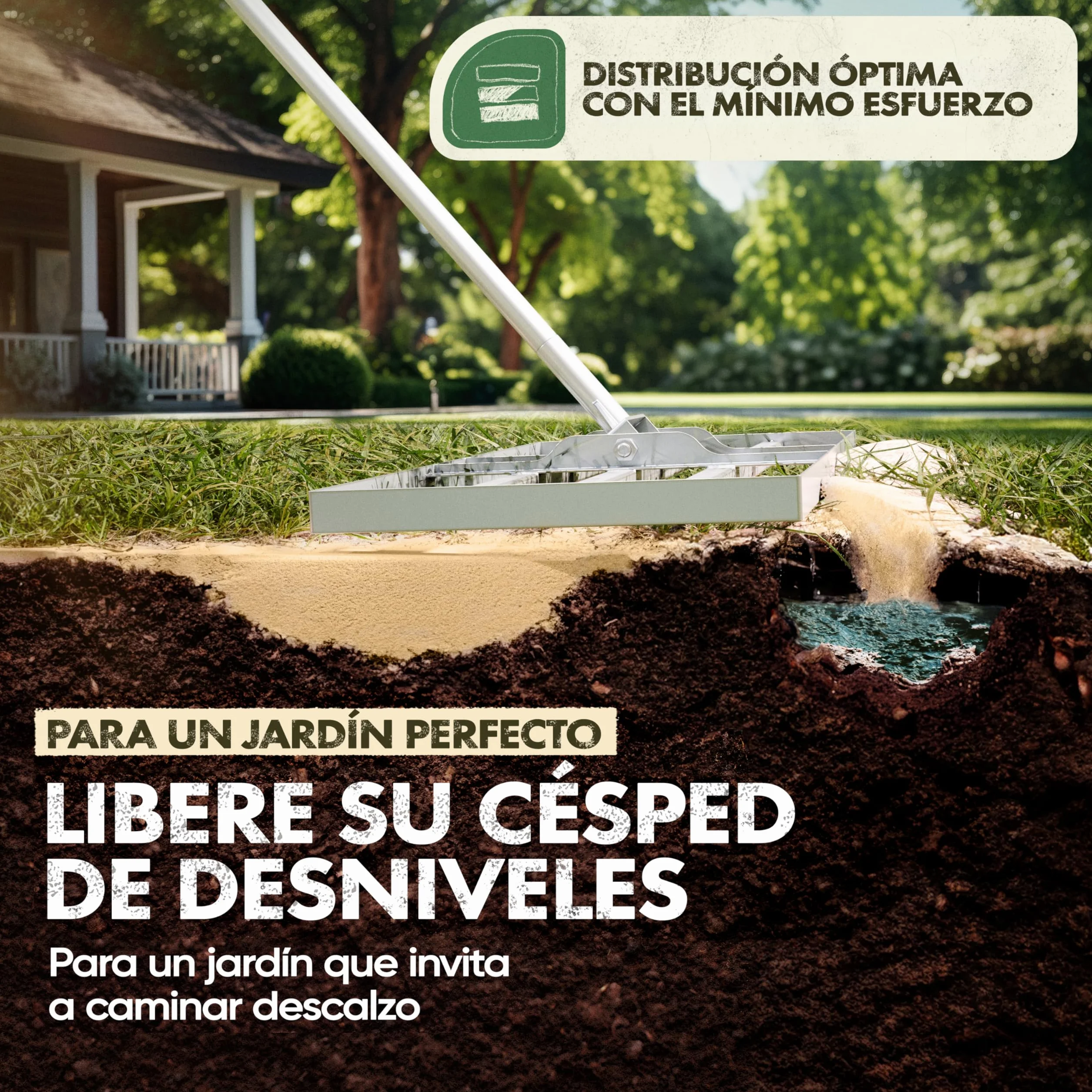 GARLINGO Rastrillo de césped | 75 x 35 cm | Incl. Mango METÁLICO de 1,7m | Rastrillo de césped para lijar el césped, nivelar la Arena del césped, aireador Nivelador de césped con rastrillo