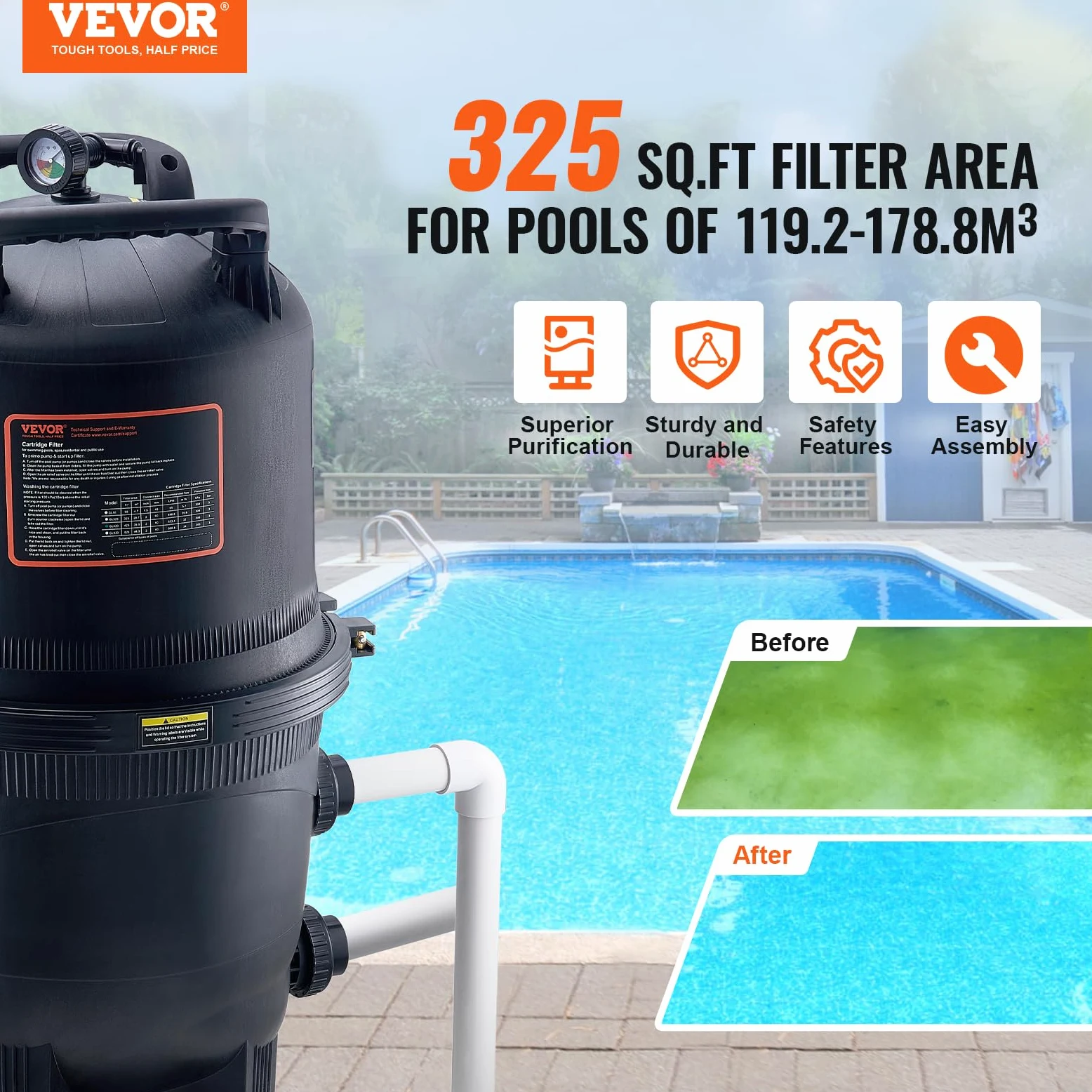 VEVOR Filtro de Piscina de Cartucho m² Filtro de Piscina Enterrada Sistema de Filtración de Piscina sobre el Suelo con Filtro Mejorado a Prueba de Fugas para Jacuzzi, SPA, Piscina Inflable