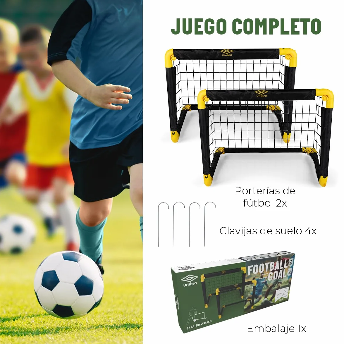Umbro Portería de fútbol plegable 50x44x44 cm para jardín niños adultos interior exterior Negro/Amarillo