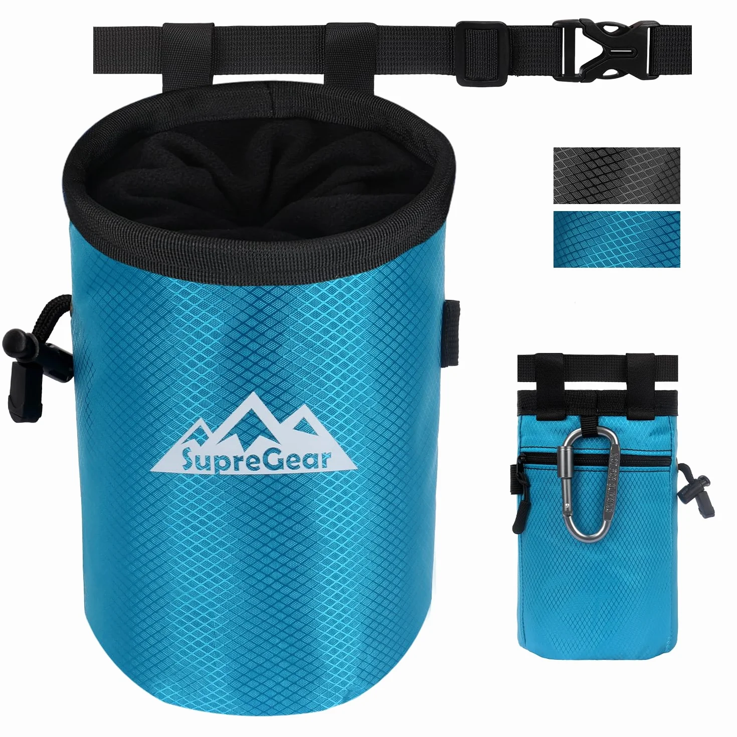 Supregear Bolsa de Magnesio para Escalada en Roca, Bolsillo Grande con Cremallera, Cierre de Cordón y Mosquetón