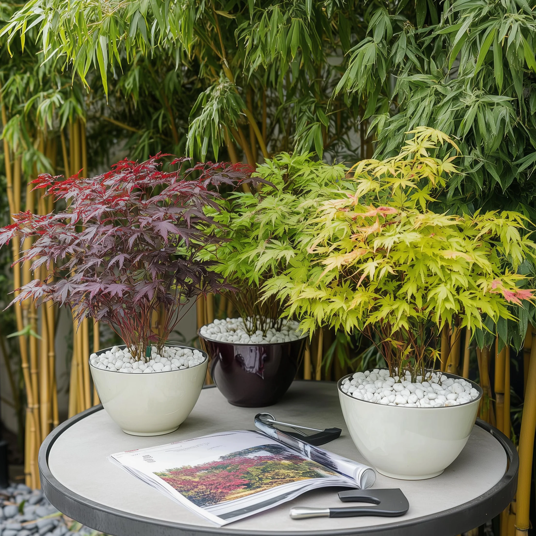 Plant in a Box - Arces japoneses resistentes al invierno - Set de 4 - Acer palmatum 'Atropurpureum', 'Going Green', 'Orange Dream', 'Butterfly' - Maceta 10,5cm - Altura 25-40cm