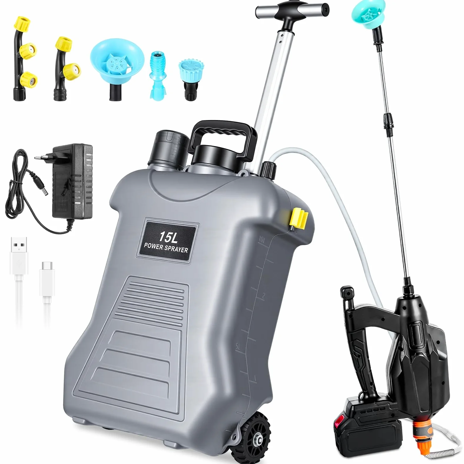 15L Pulverizador Electrico con Carro,Pulverizador Jardín Compatible Baterías Makita 18V,Mochila Pulverizadora,Pulverizadora Bateria con 5 Boquillas,3 Velocidad Ajustable, 3.0Ah Bateria,Telescópica