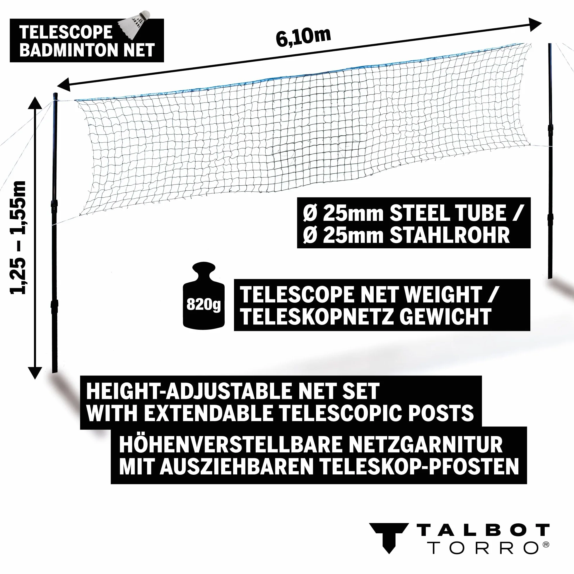 Talbot Torro Set de Red de Badminton Telescópica 1,25-1,55m 6,10m Bolsa