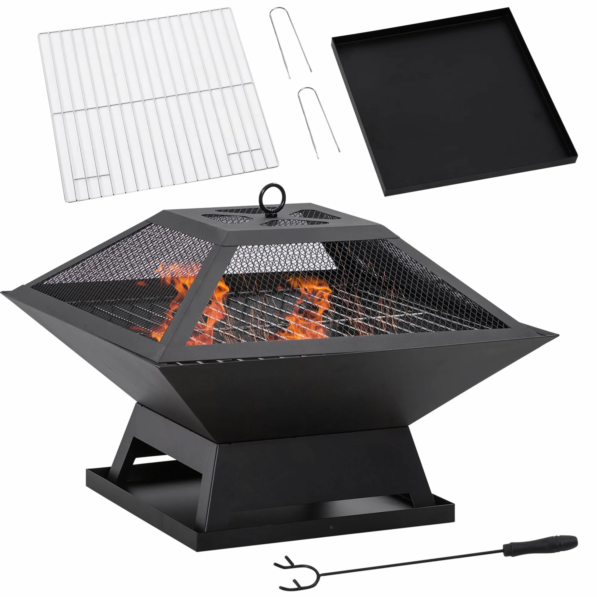 Outsunny Brasero Exterior de Acero Pozo de Fuego para Jardín Multifuncional con Protector de Chispas y Atizador para Barbacoa Hogueras en Terraza Camping 45x45x34 cm Negro