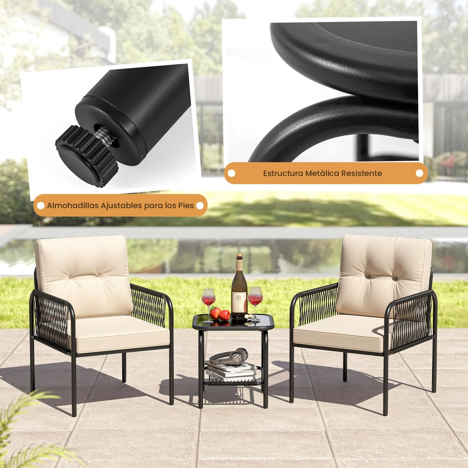 COSTWAY Conjunto Jardin Exterior de Ratan PE 3 Piezas, Mesa de Vidrio Templado, 2 Sillas con Cojines, Mesa y Sillas Muebles Jardin Terraza Balcon Exterior