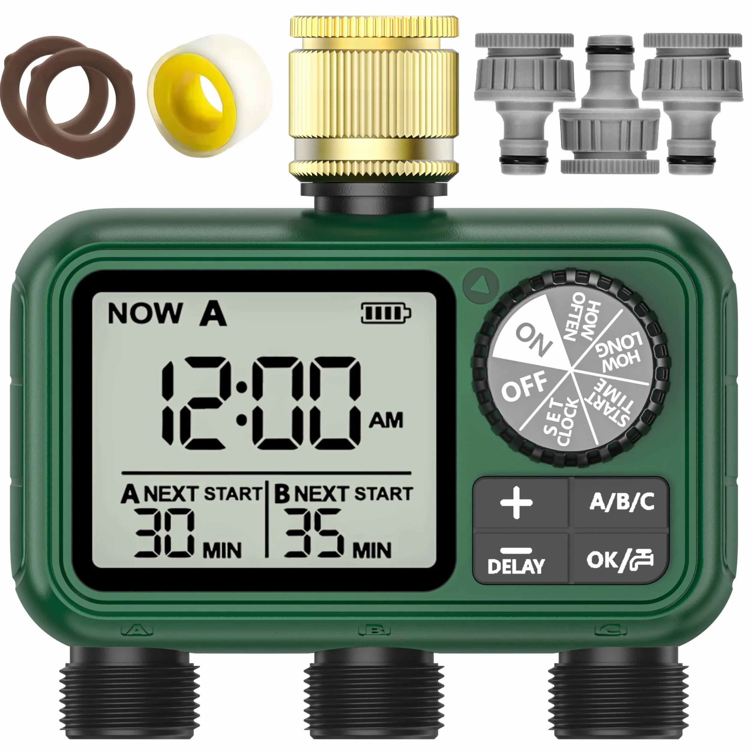 Programador Riego 3 Salidas con Entrada de Latón, Pantalla LCD Grande, Temporizador de Riego Automatico con Retraso por Lluvia, Riego Automático/Manual, Programador de Riego para Jardín Césped