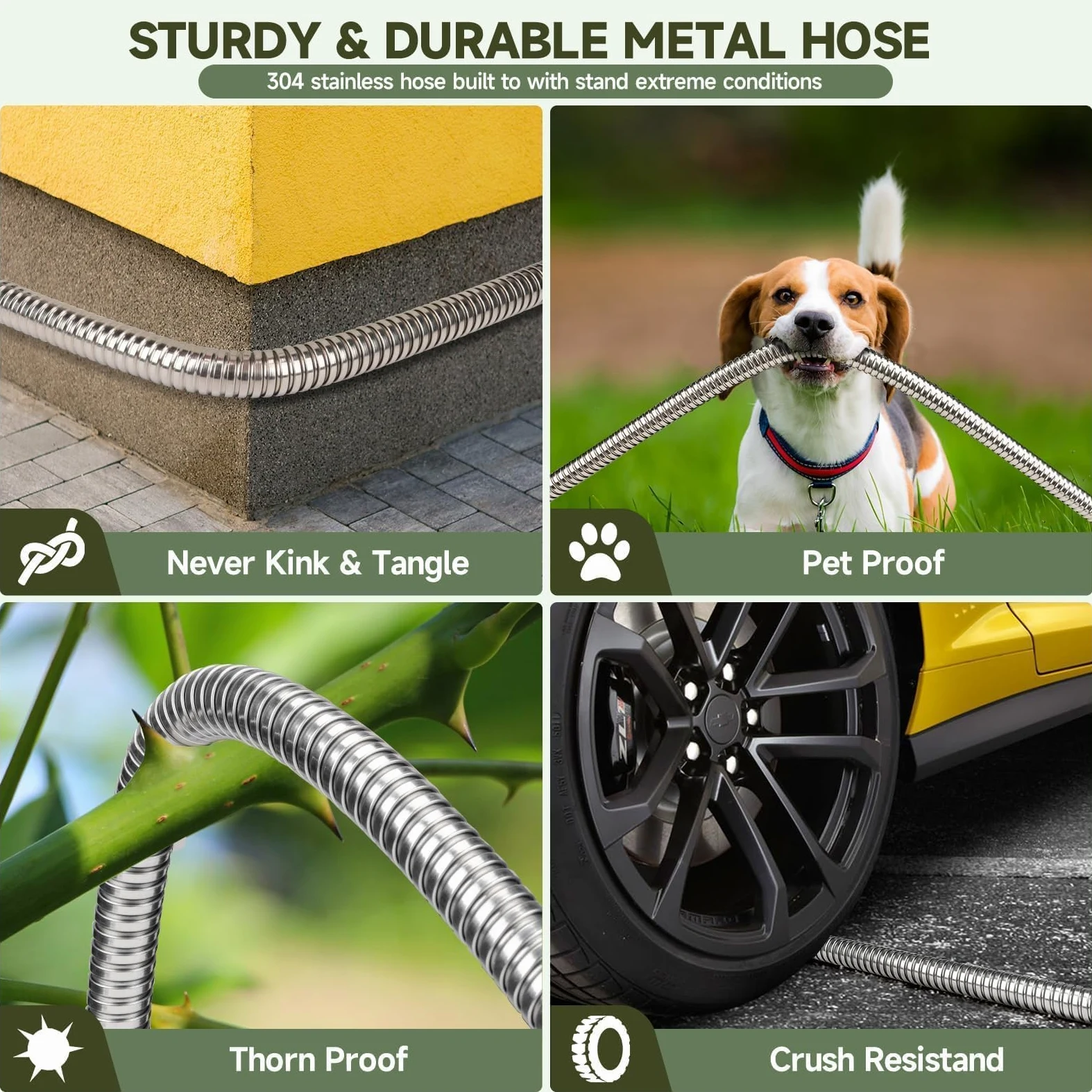 Manguera de jardín de metal flexible de acero inoxidable de 50 pies, resistente, ligera, fuerte, duradera, sin torceduras, manguera larga con boquilla de 10 funciones para patio al aire libre