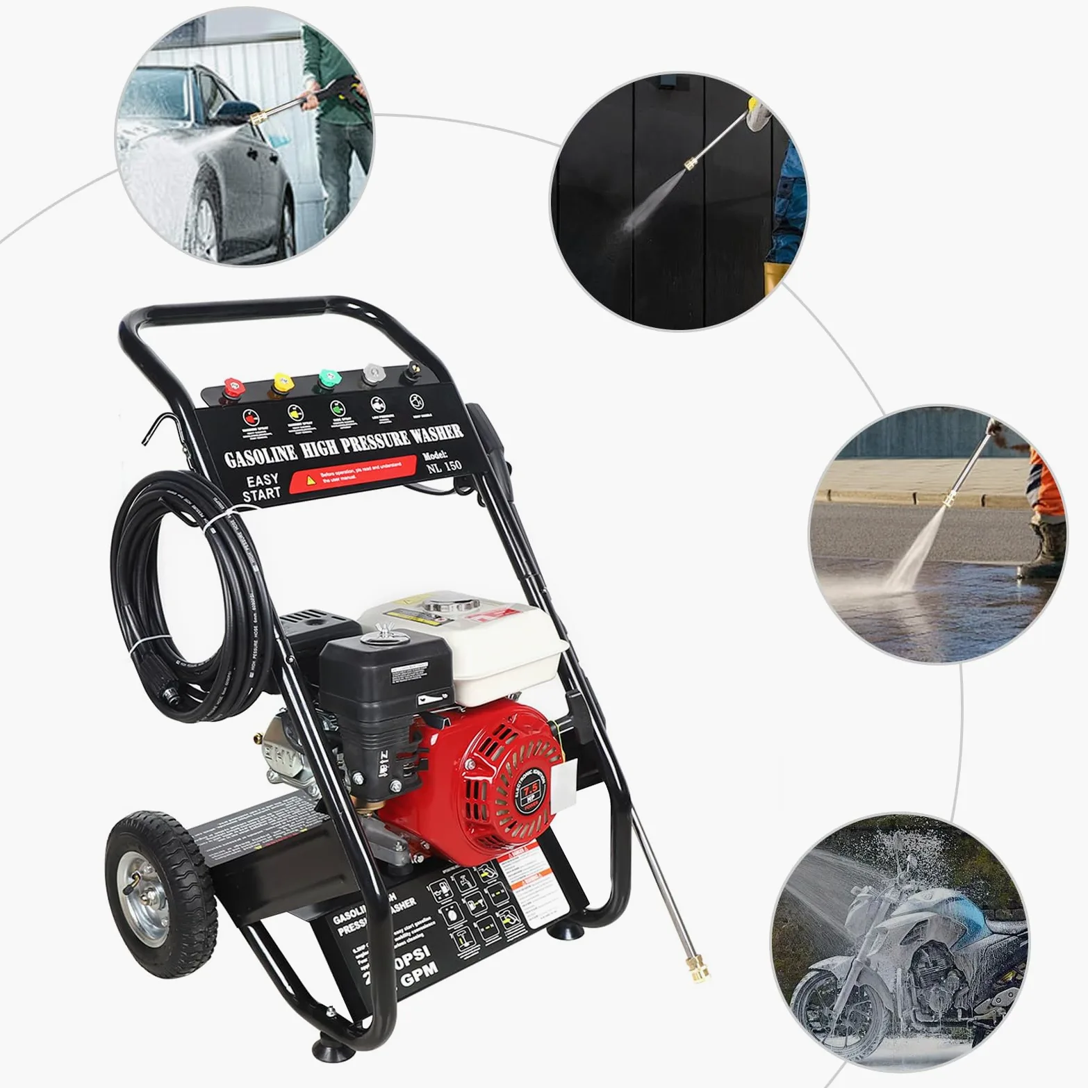 Limpiador de alta presión de gasolina de 4 tiempos, 7,5 HP, 2200 PSI, limpiador profesional para coche y terraza con 5 boquillas seleccionables, barra de extensión y manguera, arranque manual de