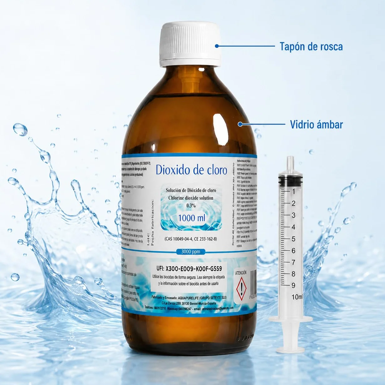 Dioxido de Cloro 3000ppm - CDS 0,3% - Envasado en Botella Cristal Ambar - Fabricado en España (1000ml)