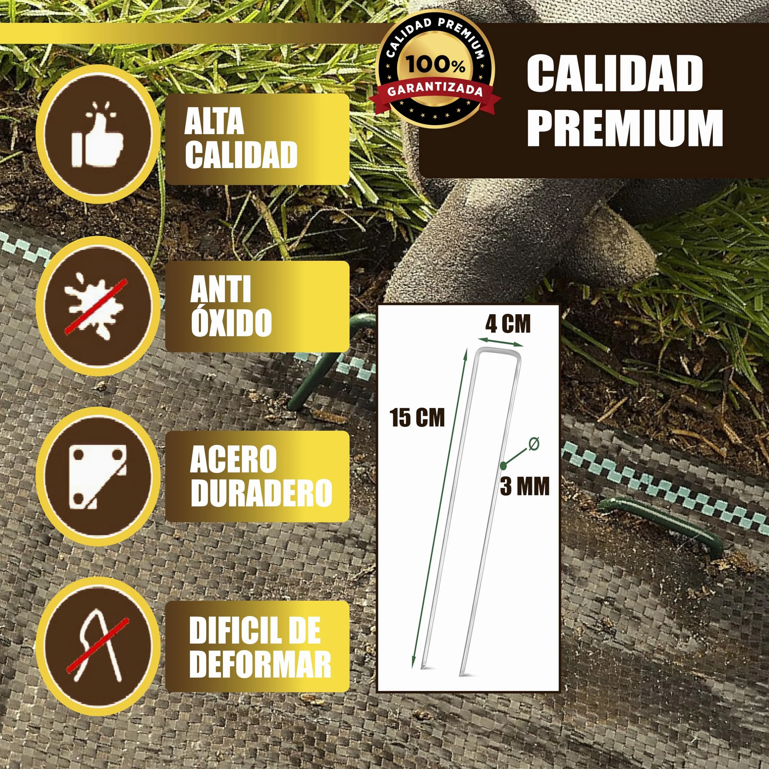 GREENGOF Grapas Verdes para Cesped Artificial, Malla Antihierba y Jardin, 100Unds - Acero Galvanizado, 15x4cm, Ø3mm - Ultra Resistentes y Anticorrosivas - Piquetas de Jardín, Anclaje al Suelo.