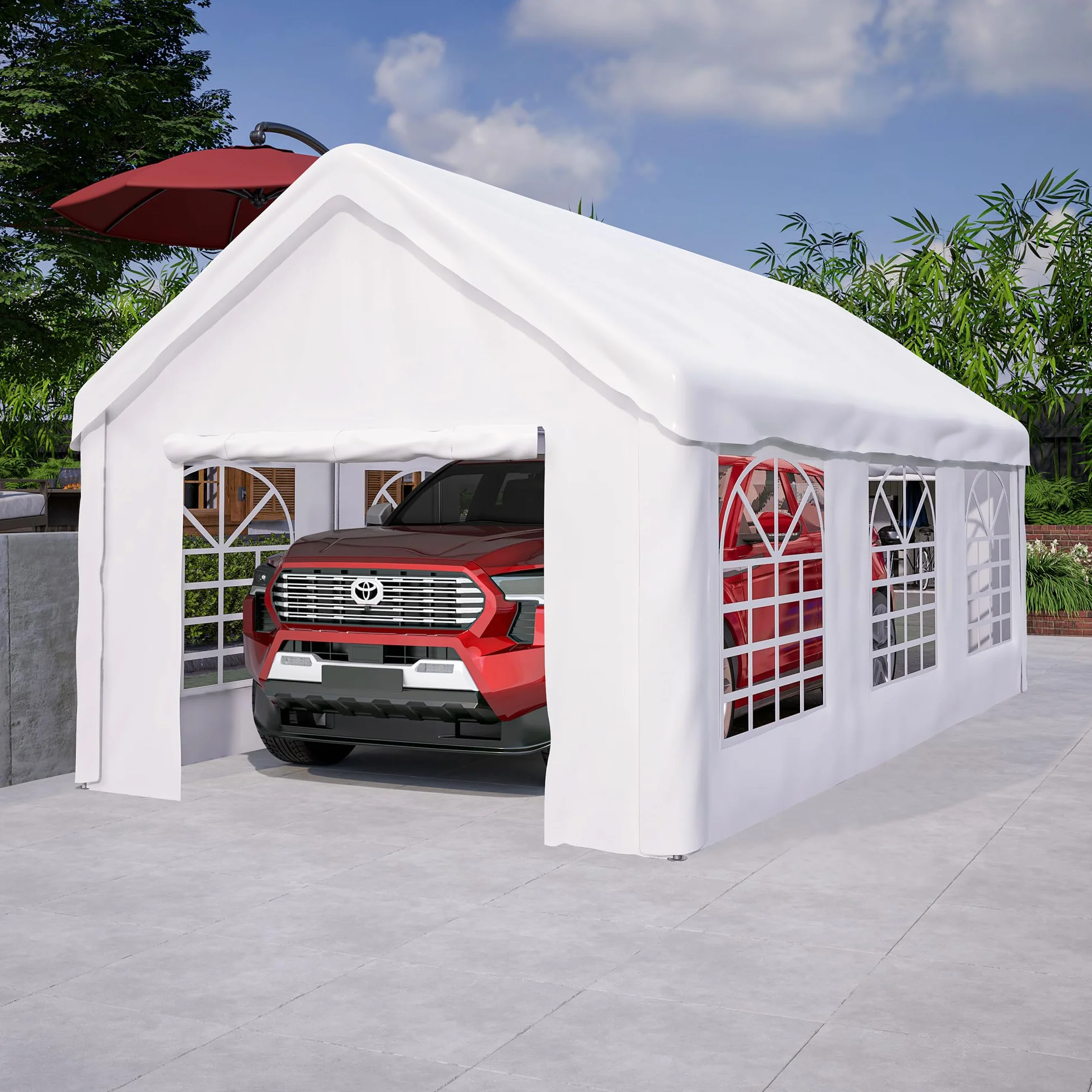 Carport 3×6 m, resistente al agua, con ventanas enrollables, paredes laterales desmontables, cobertizo para coches (blanco)