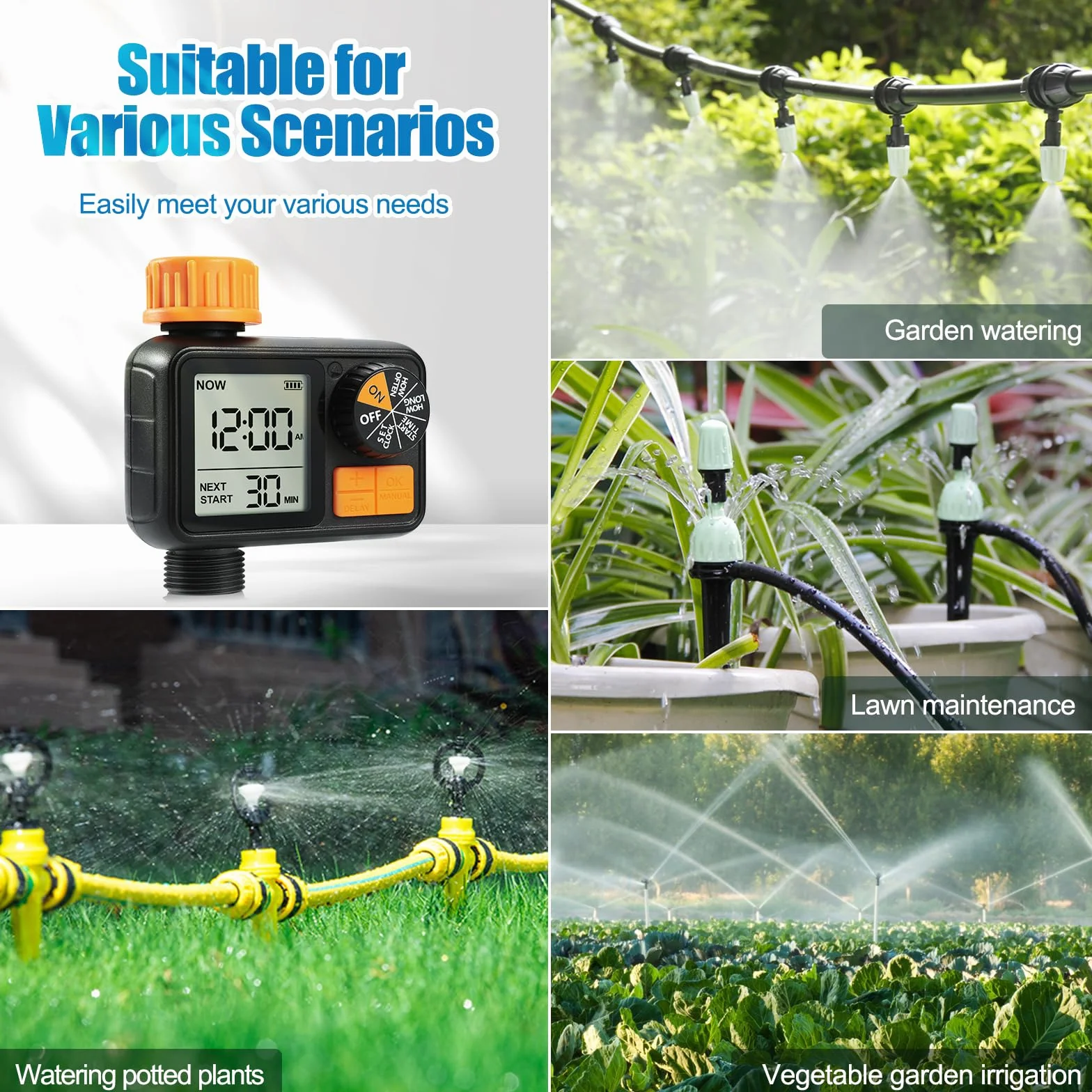 CROSOFMI Programador Riego Automatico Jardin Temporizador Riego IPX5 Resistente al Agua/Retraso por Lluvia/Modo de Riego Manual/Bloqueo para Niños