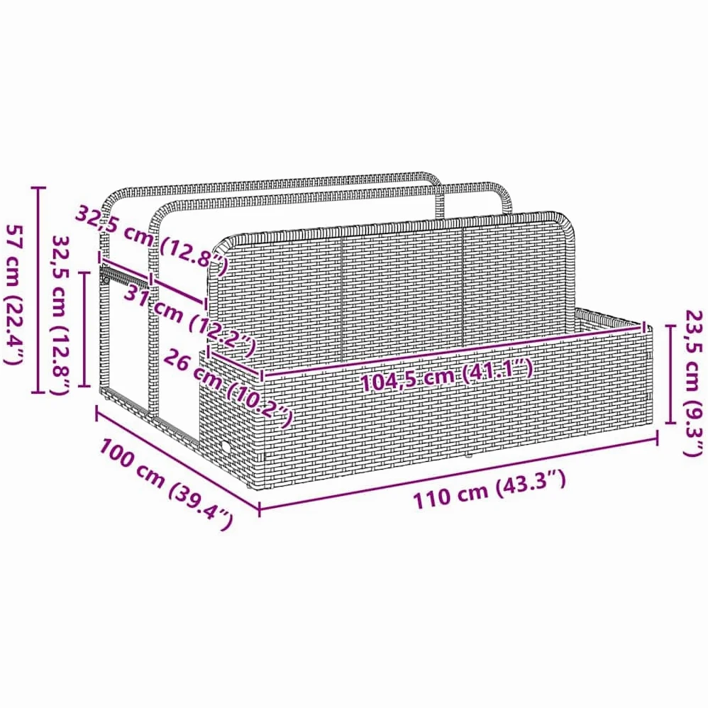 vidaXL Flotador a bordo piscina gris 110 x 100 x 57 cm de poliratán, depósito a bordo piscina, cesta de almacenamiento a bordo piscina, carro para piscina al aire libre