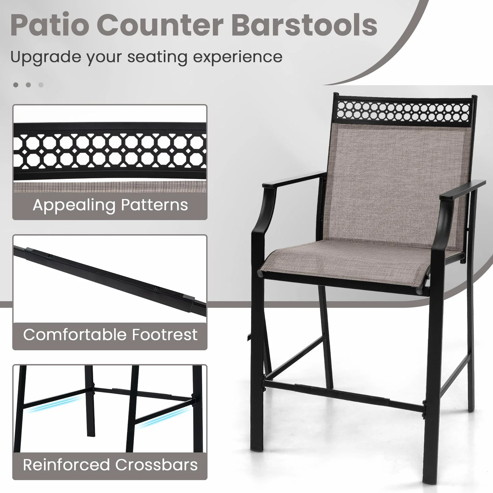 KOMFOTTEU Juego de 2 Sillas de Jardín, Silla Alta de Tela con Marco de Metal, Taburete de Bar con Respaldo y Reposabrazos, Silla de Comedor con Carga 180 kg para Terraza, 66 x 62 x 114 cm (Café)