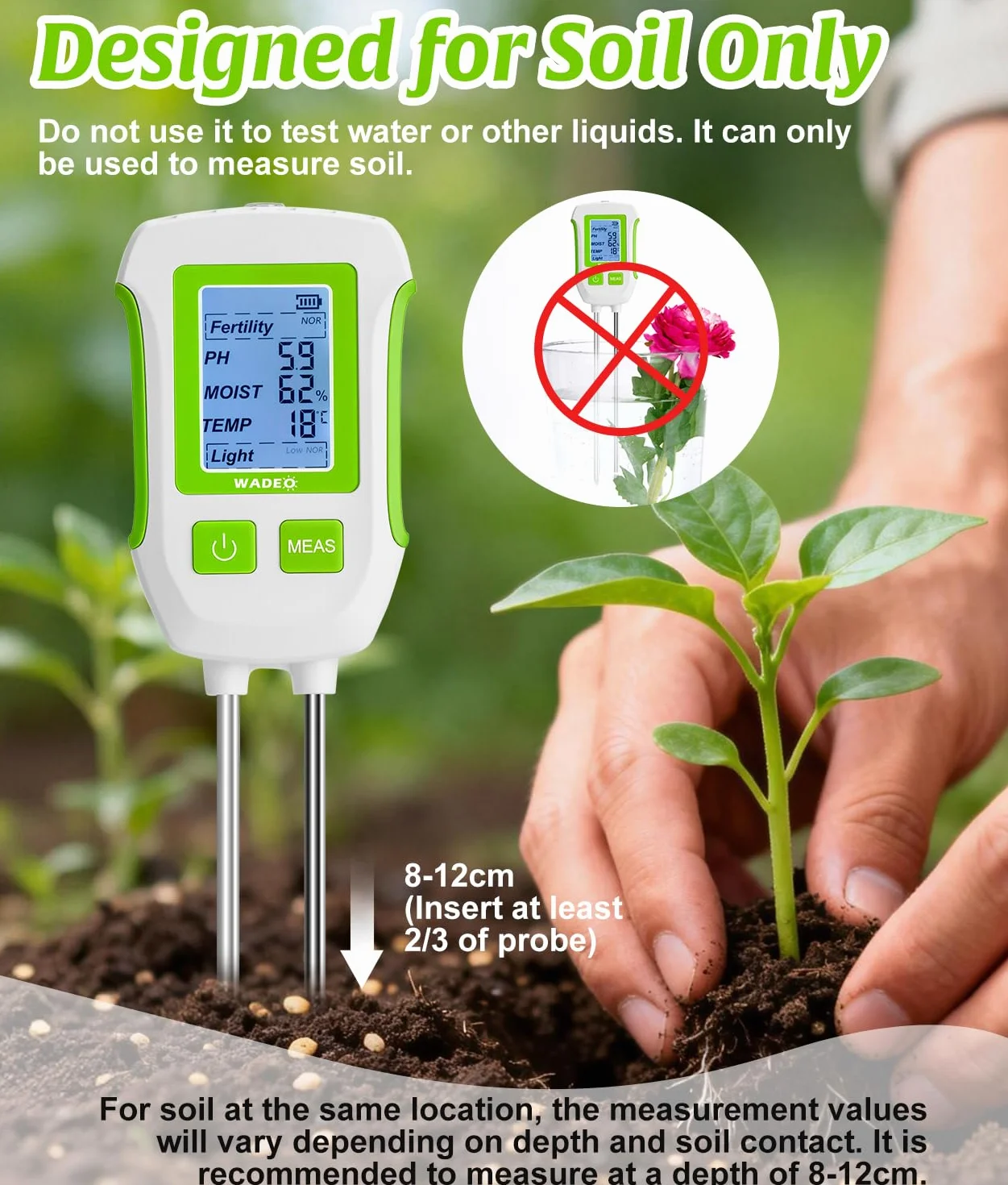 WADEO Medidor de suelo 5 en 1 para temperatura/fertilidad/humedad del suelo/pH/luz solar, pantalla LCD con retroiluminación, medidor digital de suelo para jardinería y agricultura