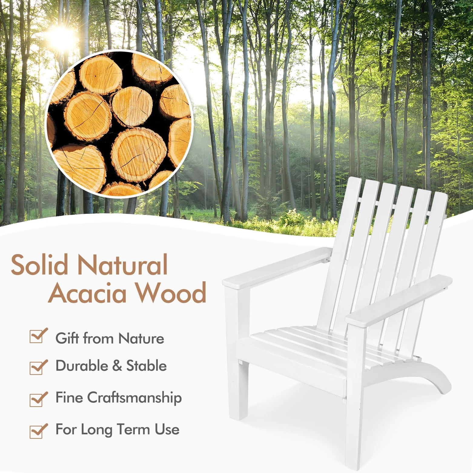 KOMFOTTEU Silla Adirondack de Madera de Acacia, Silla de Jardín con Respaldo y Reposabrazos, Sillón Ergonómica con Carga de hasta 160 kg, Silla de Relajación para Balcón, Terraza (Blanco)