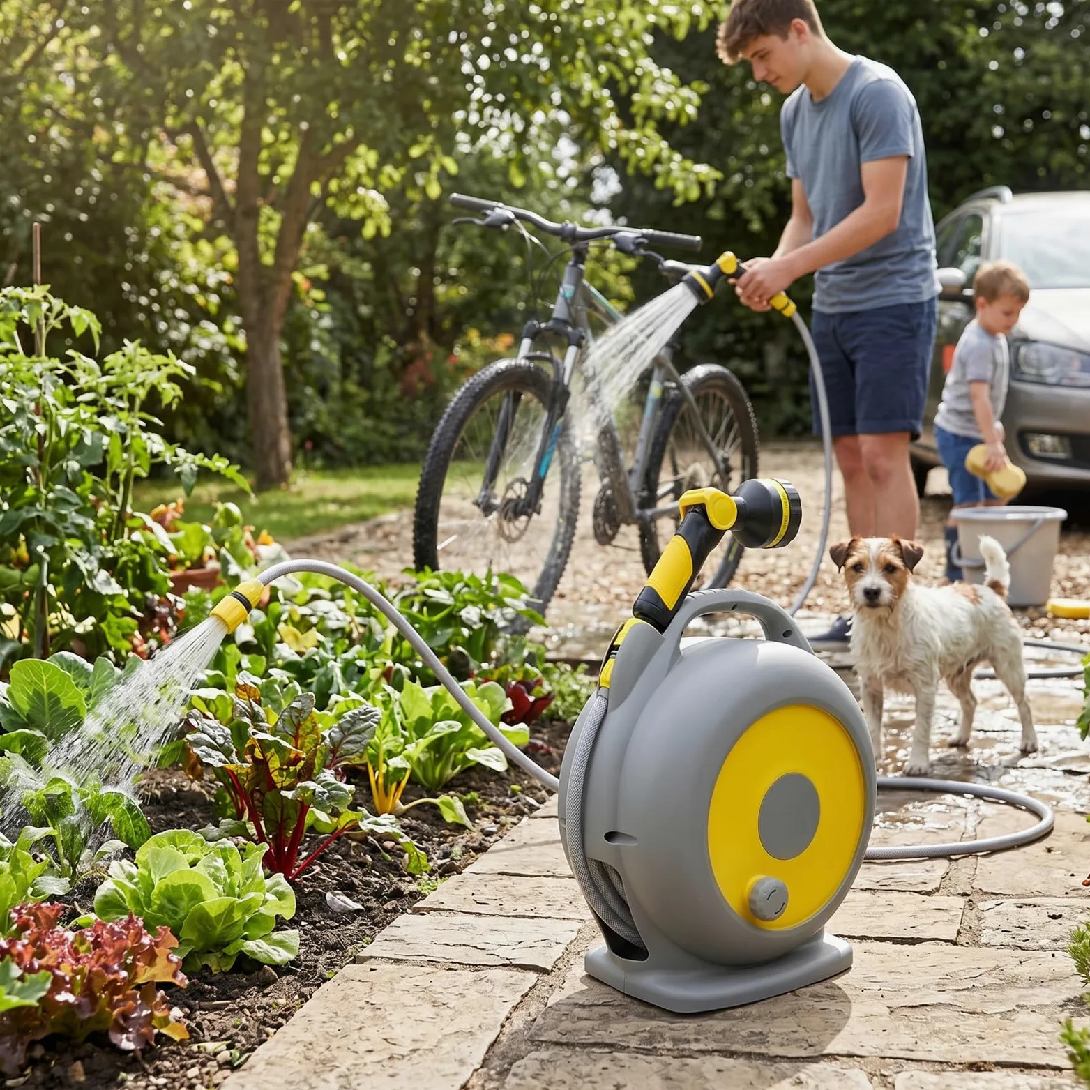 Carrete de Manguera de Jardín Retráctil 15M con Boquilla Rociadora | Varita de riego de 10 patrones, asa de transporte portátil, almacenamiento compacto de ABS, para limpieza de pisos
