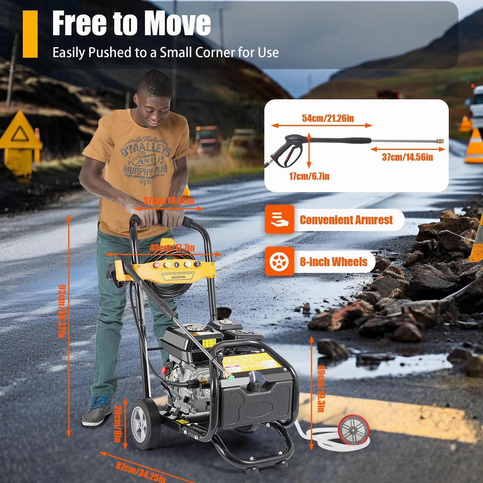 Limpiador de alta presión de gasolina de 2200 PSI Pressure Washer, 7,5 CV 3400 rpm, limpiador de alta presión con manguera de 8 m + 5 boquillas, autocebante + conector de grifo, para coche, patio o