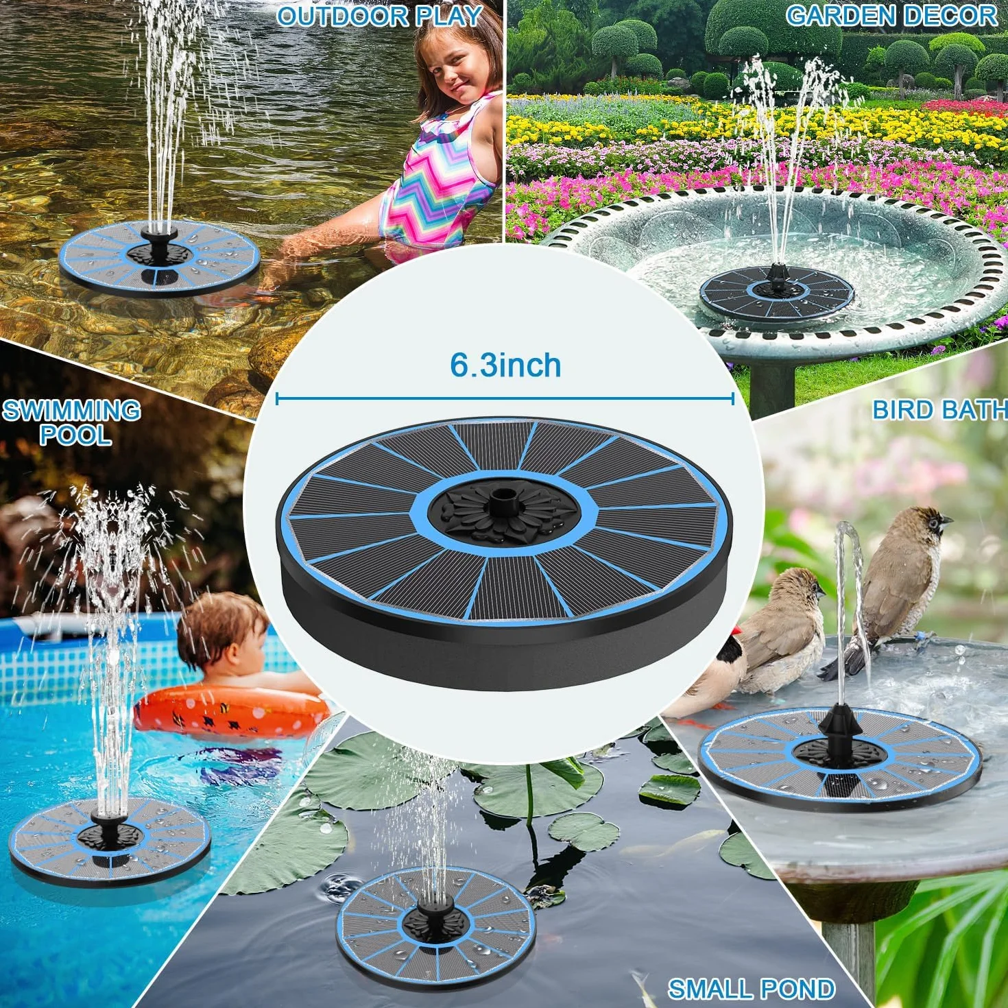 SZMP Fuente Solar con 2000mAh Batería, 2025 Nuevo 3.5W Bomba de Agua Solar - Trabajar en días Nublados - 8 Boquillas y 4 Fijadores, para Estanque de Jardín Fuente, Baño para Pájaros, Piscina