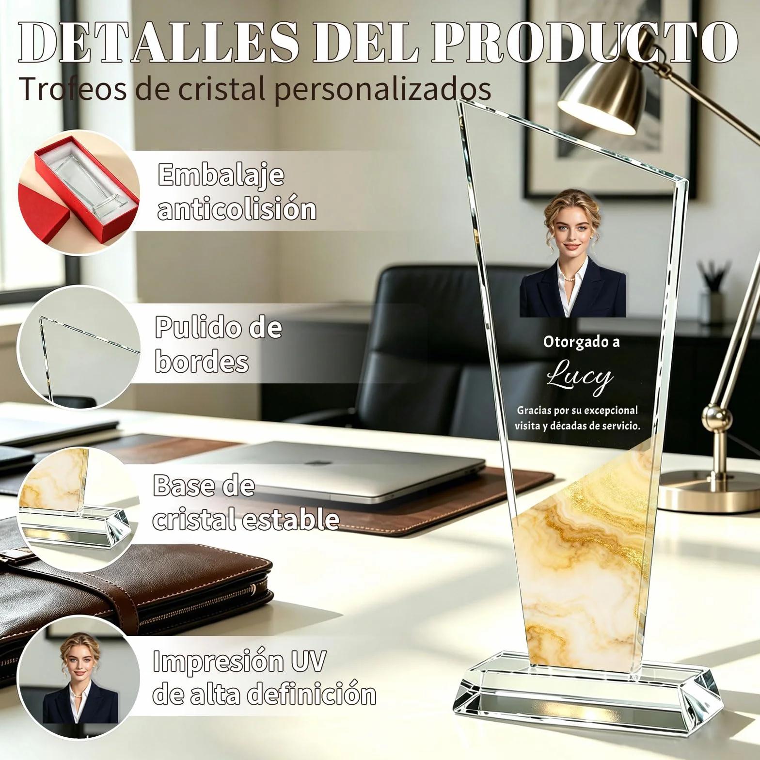 Trofeo Personalizado de Cristal K9 con Foto y Texto, Reconocimiento para Empresas