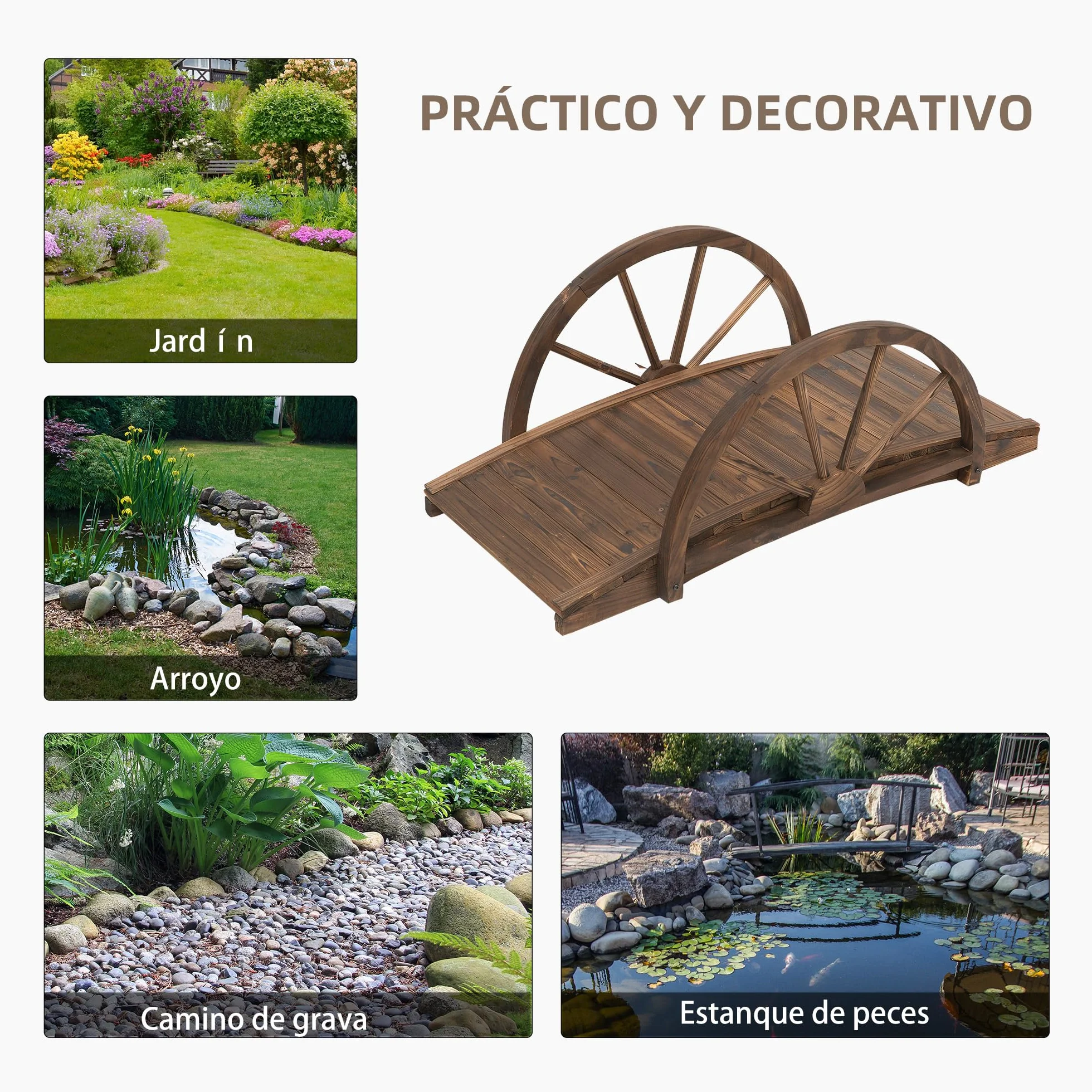 Outsunny Puente de Jardín Puente de Madera con Barandillas en Forma de Rueda Puente para Estanque Carga 150 kg Puente Decorativo para Patio 100x50x37 cm Madera Carbonizada
