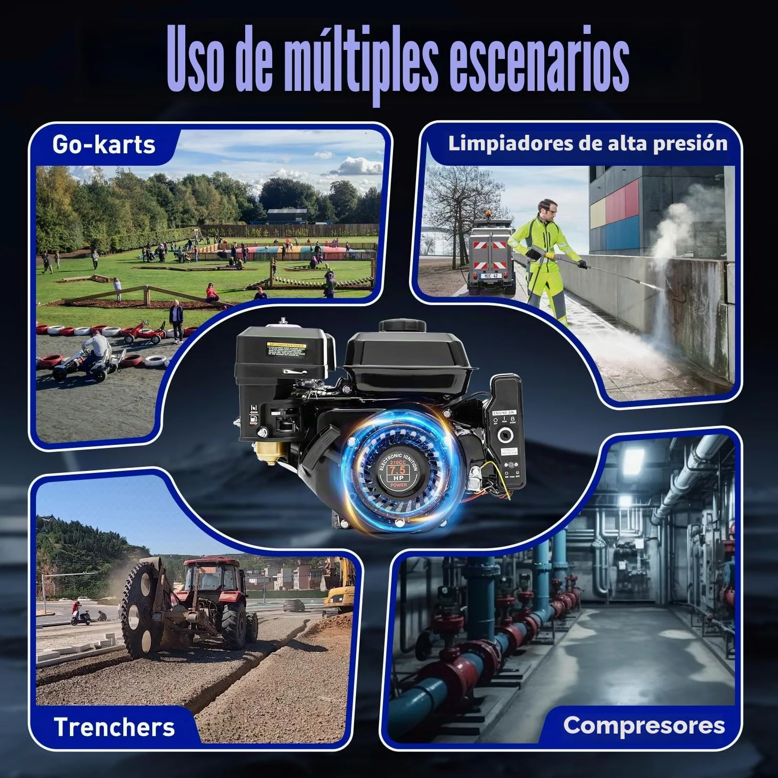 Motor de gasolina de 4 tiempos de 7,5 CV 3 kW, motor industrial para go-kart, arranque eléctrico, 210 cc, monocilíndrico, refrigerado por aire, para go-karts, generador, limpiador de alta presión
