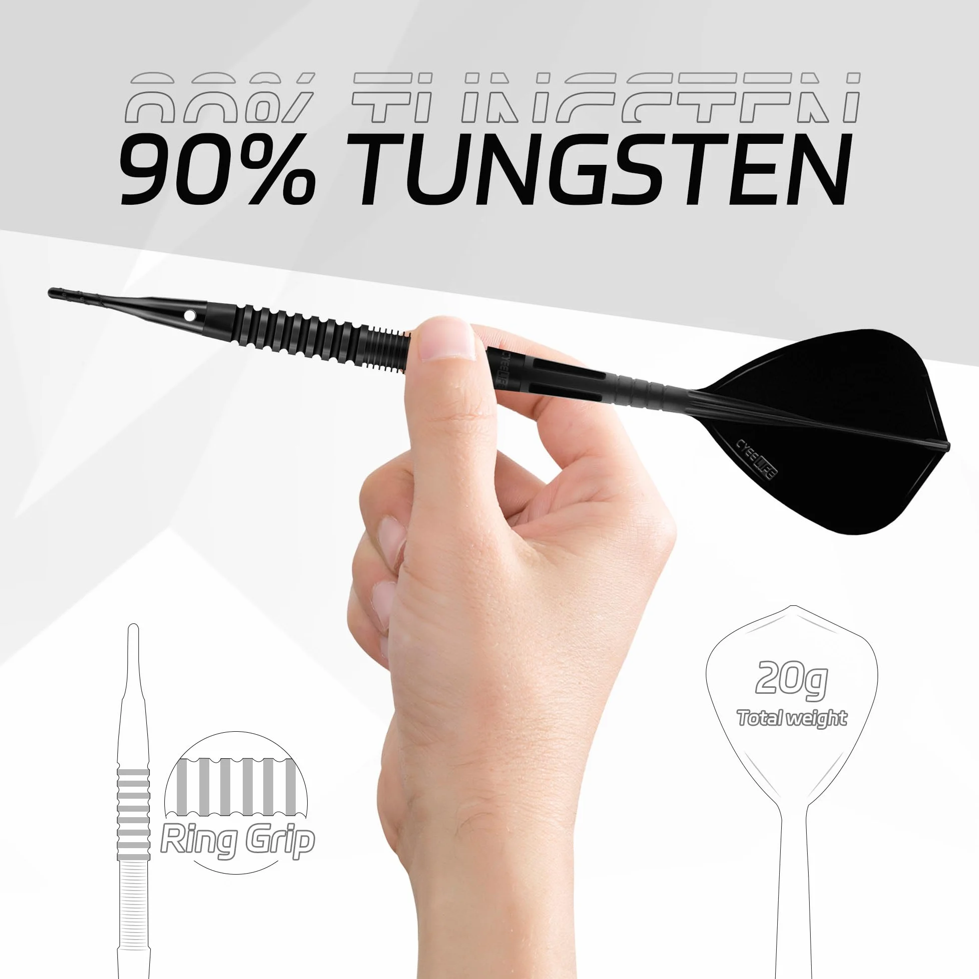 Dardos CyeeLife 90% tungsteno 3 Unidades Juego Profesional con Plumas cañas y Puntas Negro